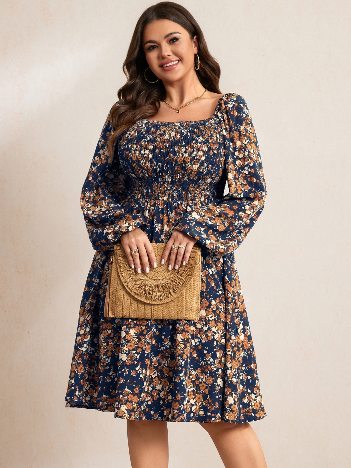 Plus Size Floral Long-Sleeve Midi Dress — Navy Blue Floral gallery image 3