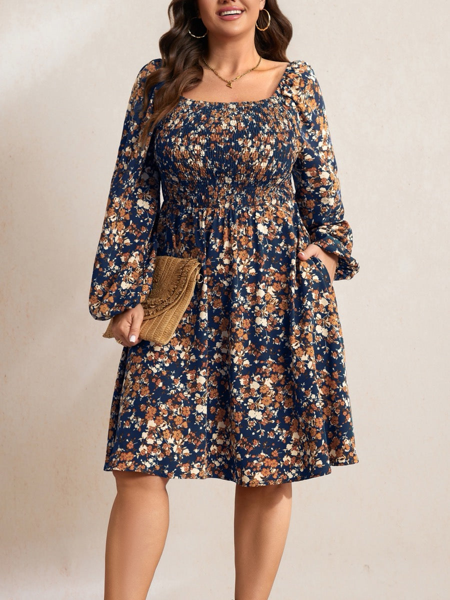 Plus Size Floral Long-Sleeve Midi Dress — Navy Blue Floral close-up detail