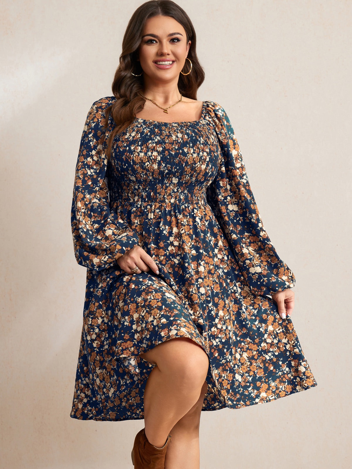 Plus Size Floral Long-Sleeve Midi Dress — Navy Blue Floral gallery image 1