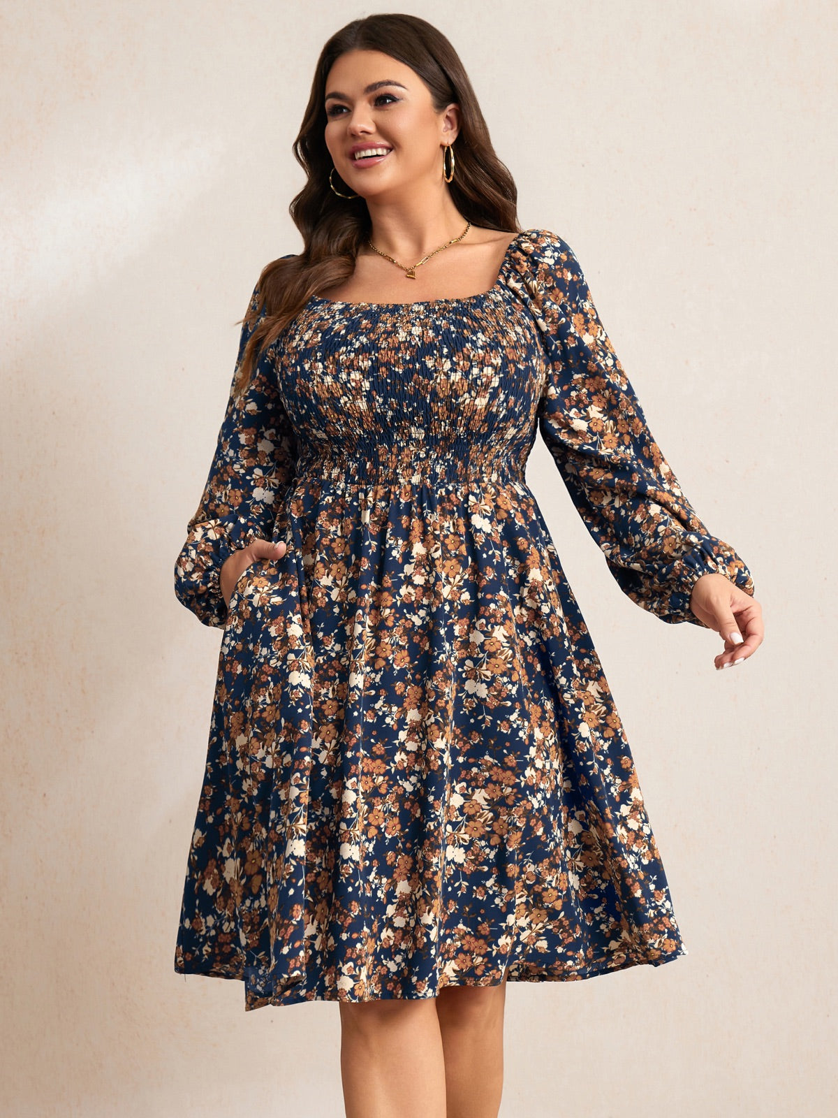 Plus Size Floral Long-Sleeve Midi Dress — Navy Blue Floral gallery image 2