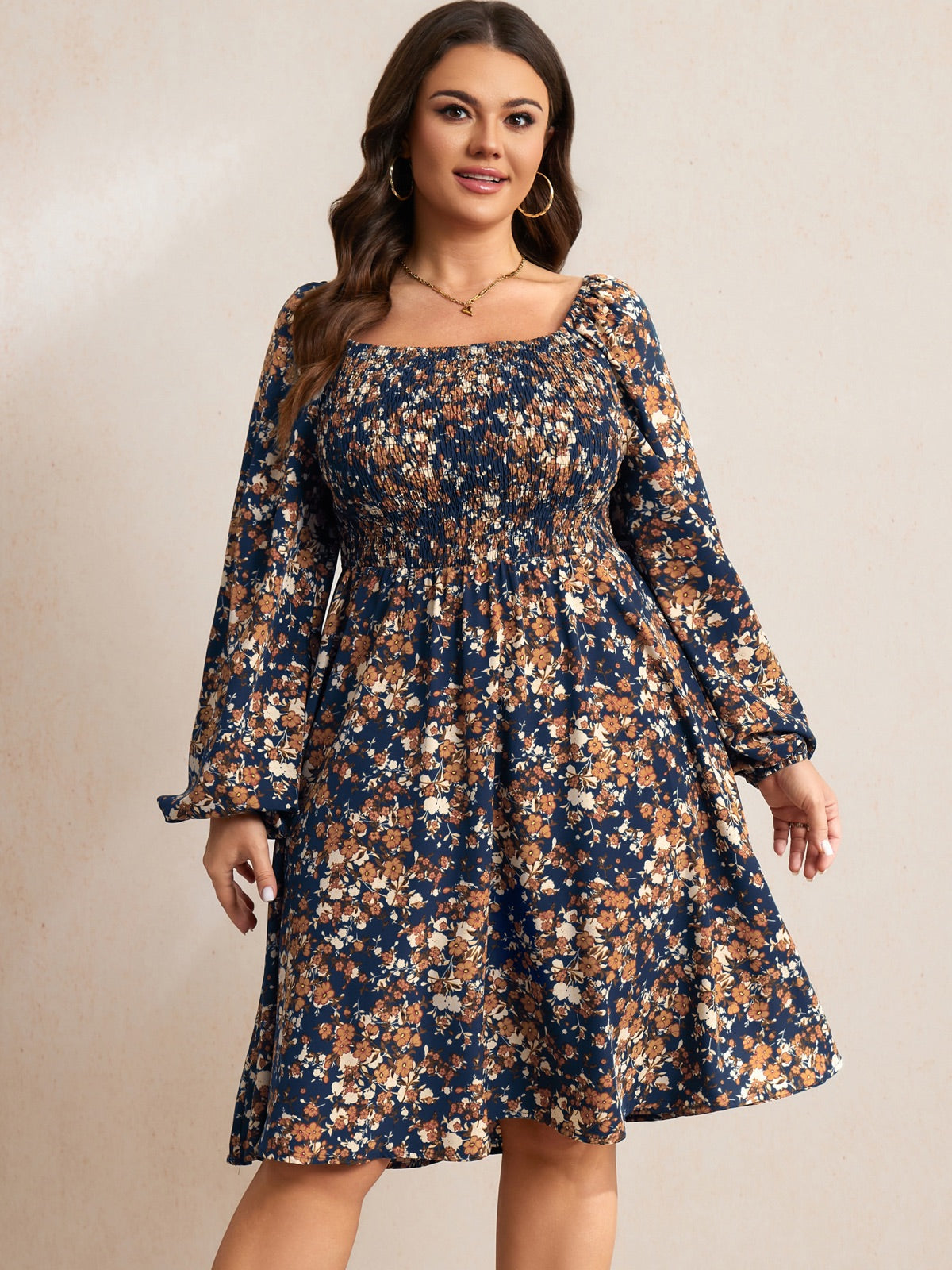 Plus Size Floral Long-Sleeve Midi Dress — Navy Blue Floral gallery image 3