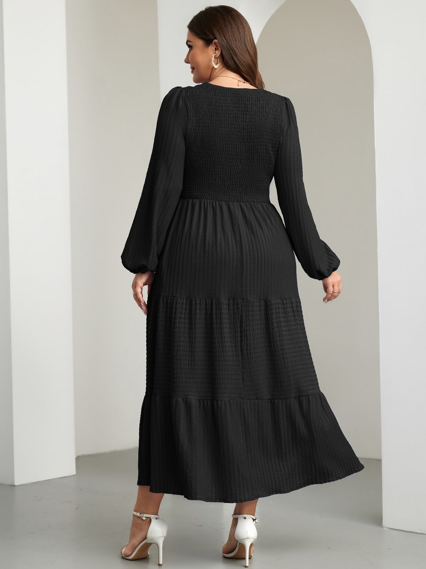 RWJ 6809 Black plus size ruffle sleeve A-line dress side view