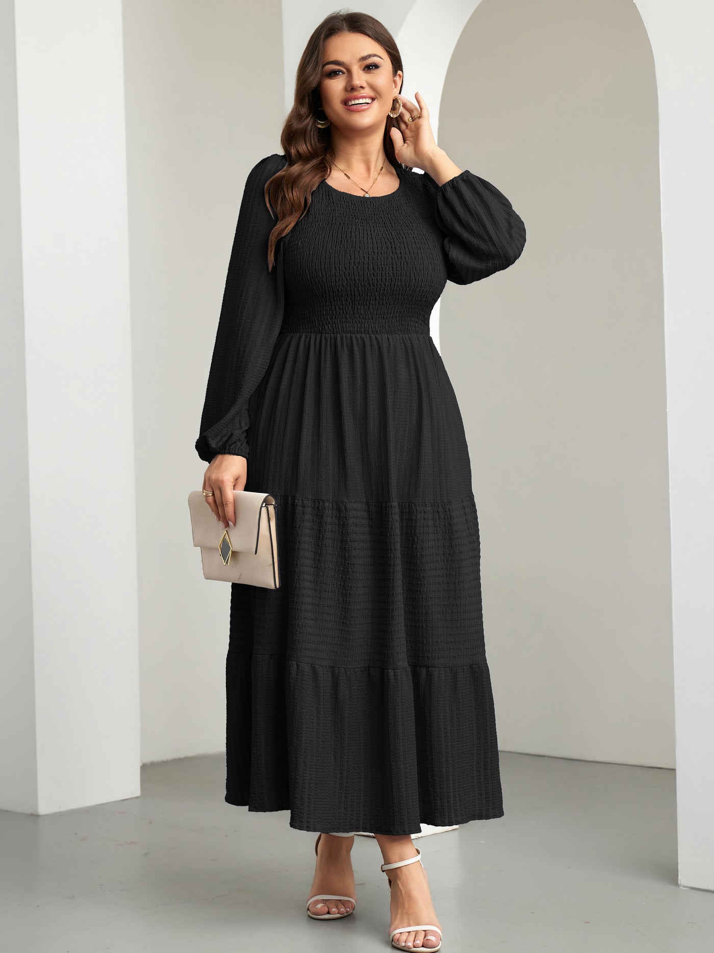 RWJ 6809 Black plus size ruffle sleeve A-line dress back view