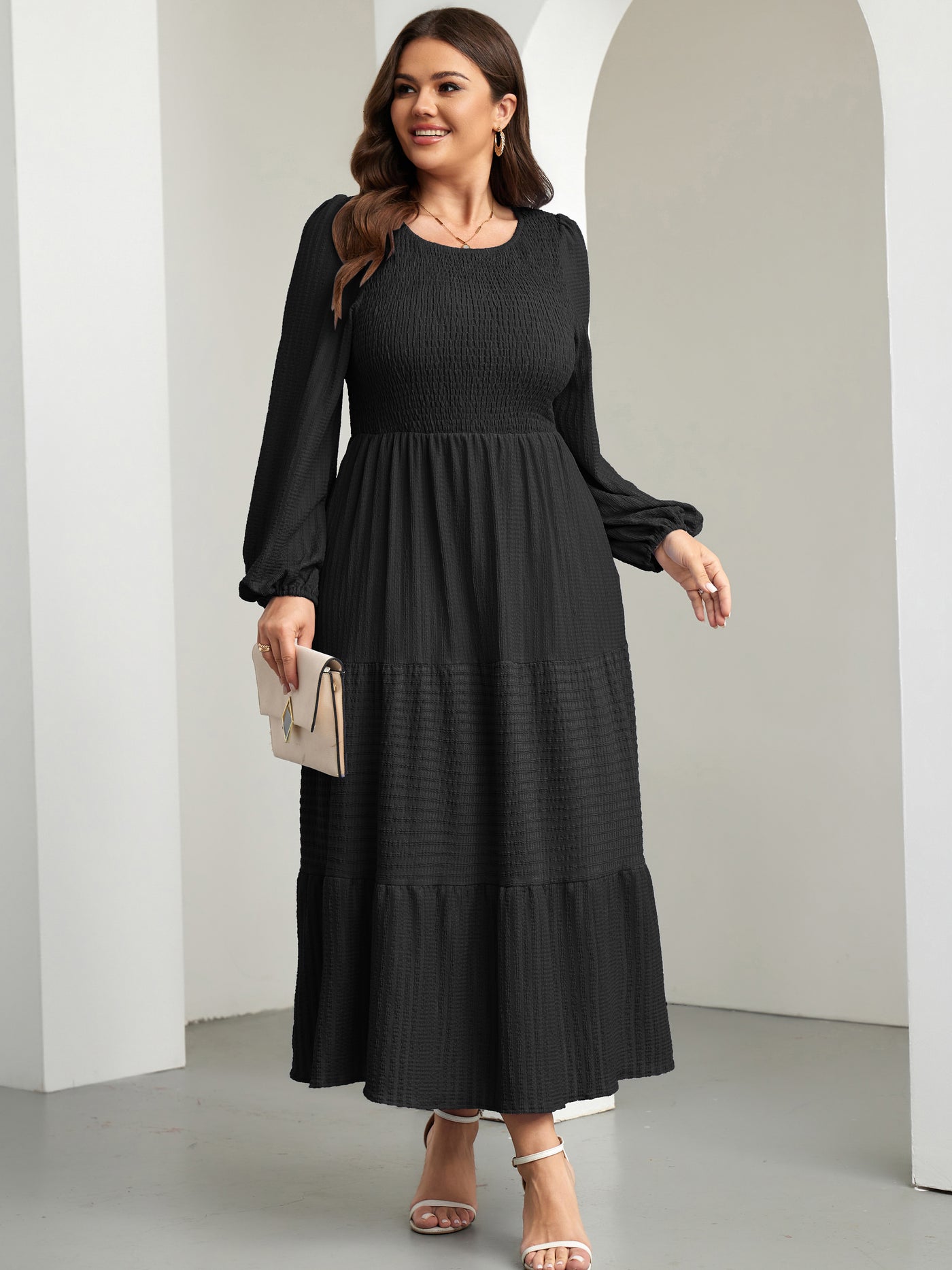 RWJ 6809 Black plus size ruffle sleeve A-line dress movement view