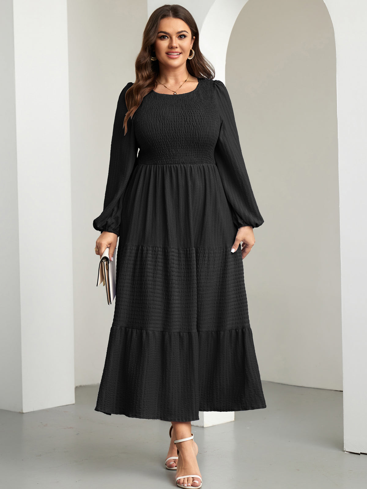 RWJ 6809 Black plus size ruffle sleeve A-line dress lifestyle view