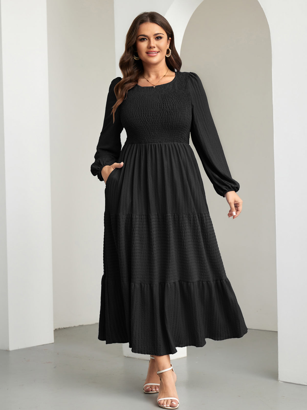 Plus Size Ruffle-Sleeve Tiered A-Line Dress — Black