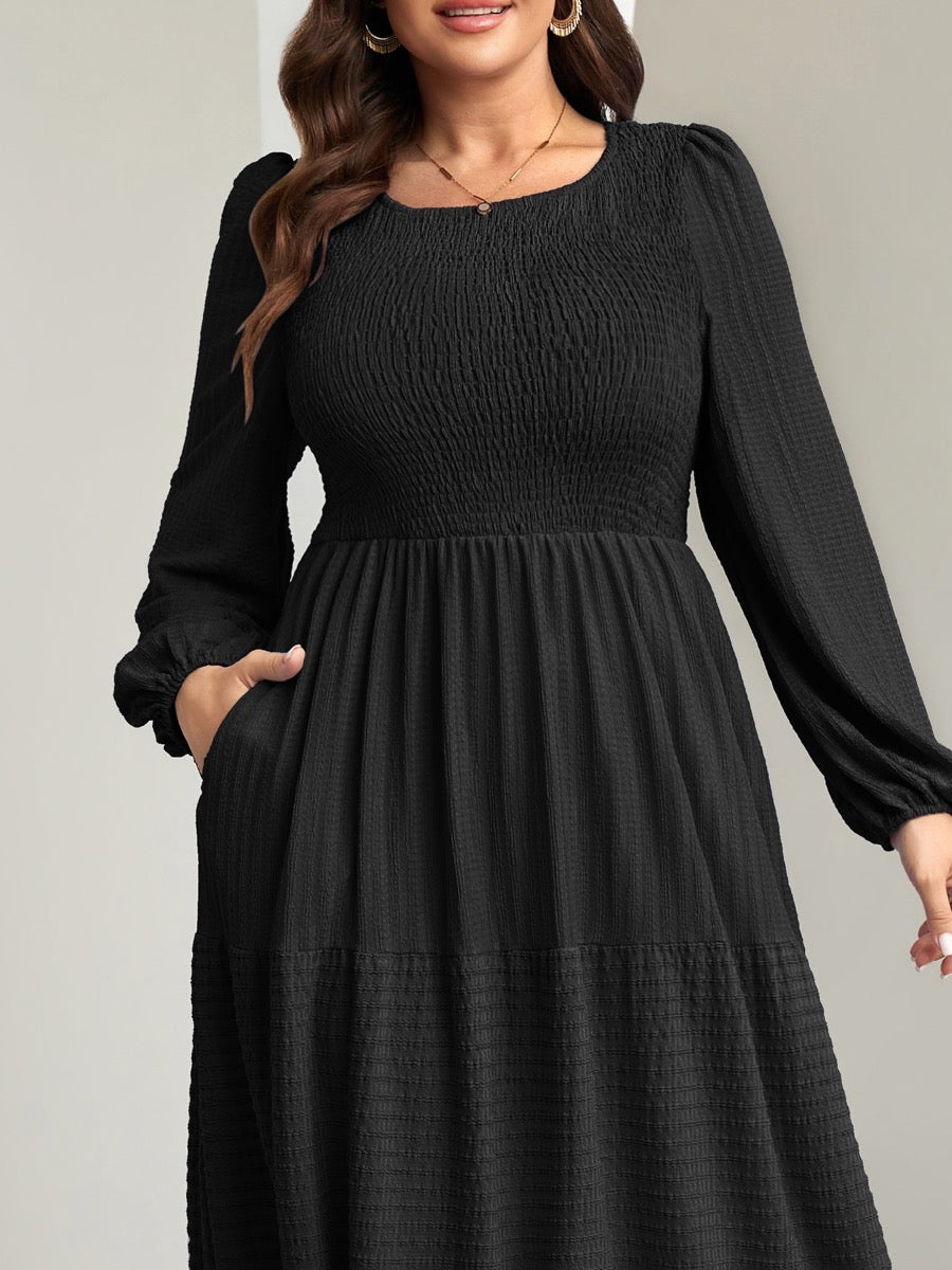 Plus Size Ruffle-Sleeve Tiered A-Line Dress — Black close-up detail