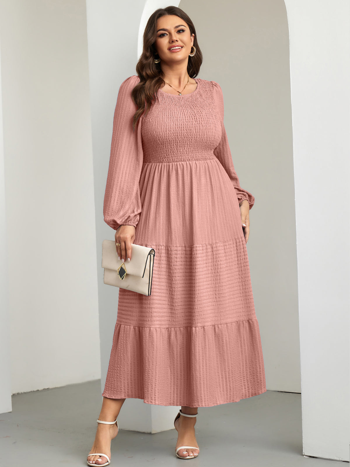 RWJ 6809 Champagne Pink plus size ruffle-sleeve tiered A-line dress