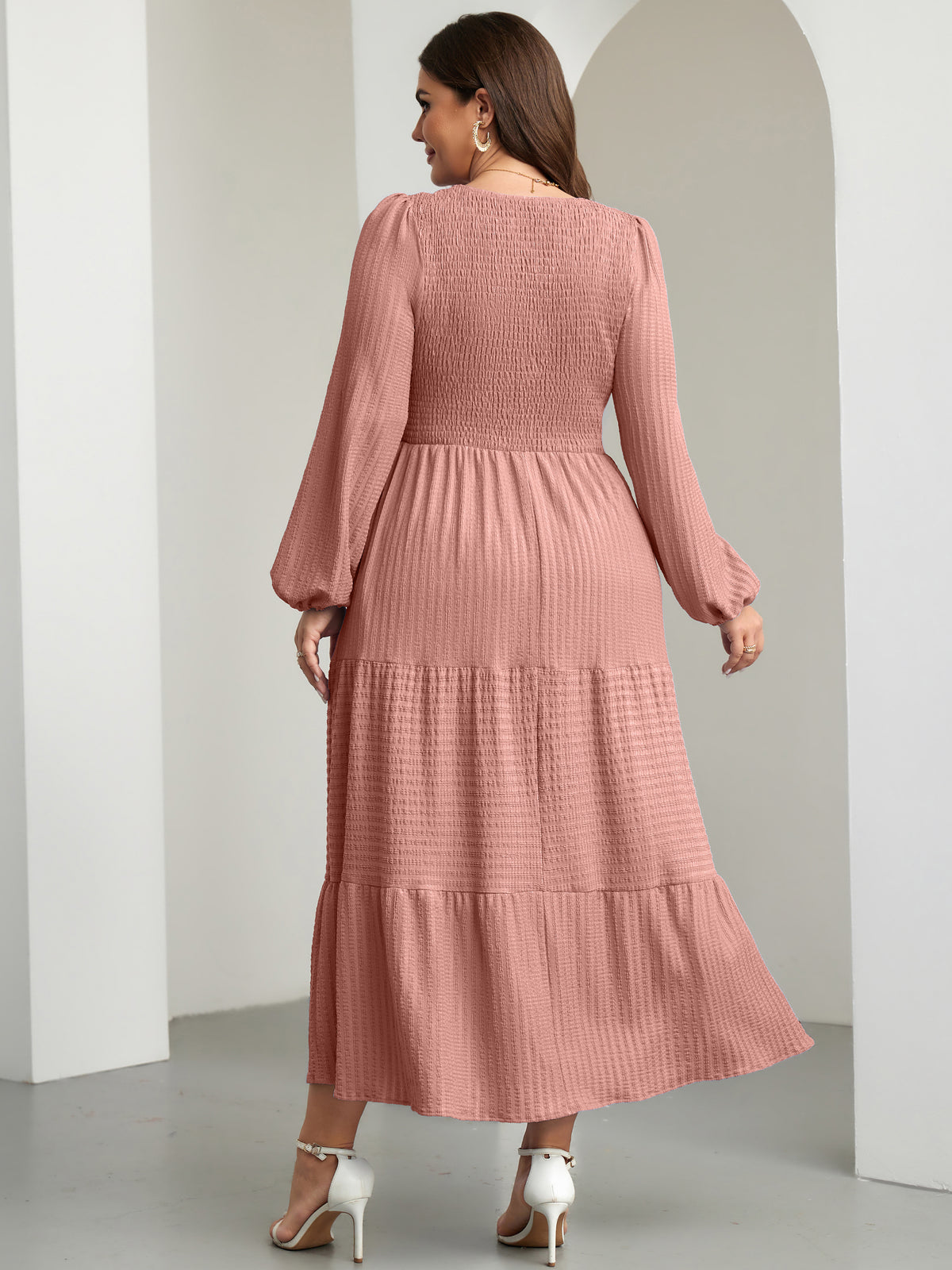 RWJ 6809 Champagne Pink plus size ruffle-sleeve tiered A-line dress
