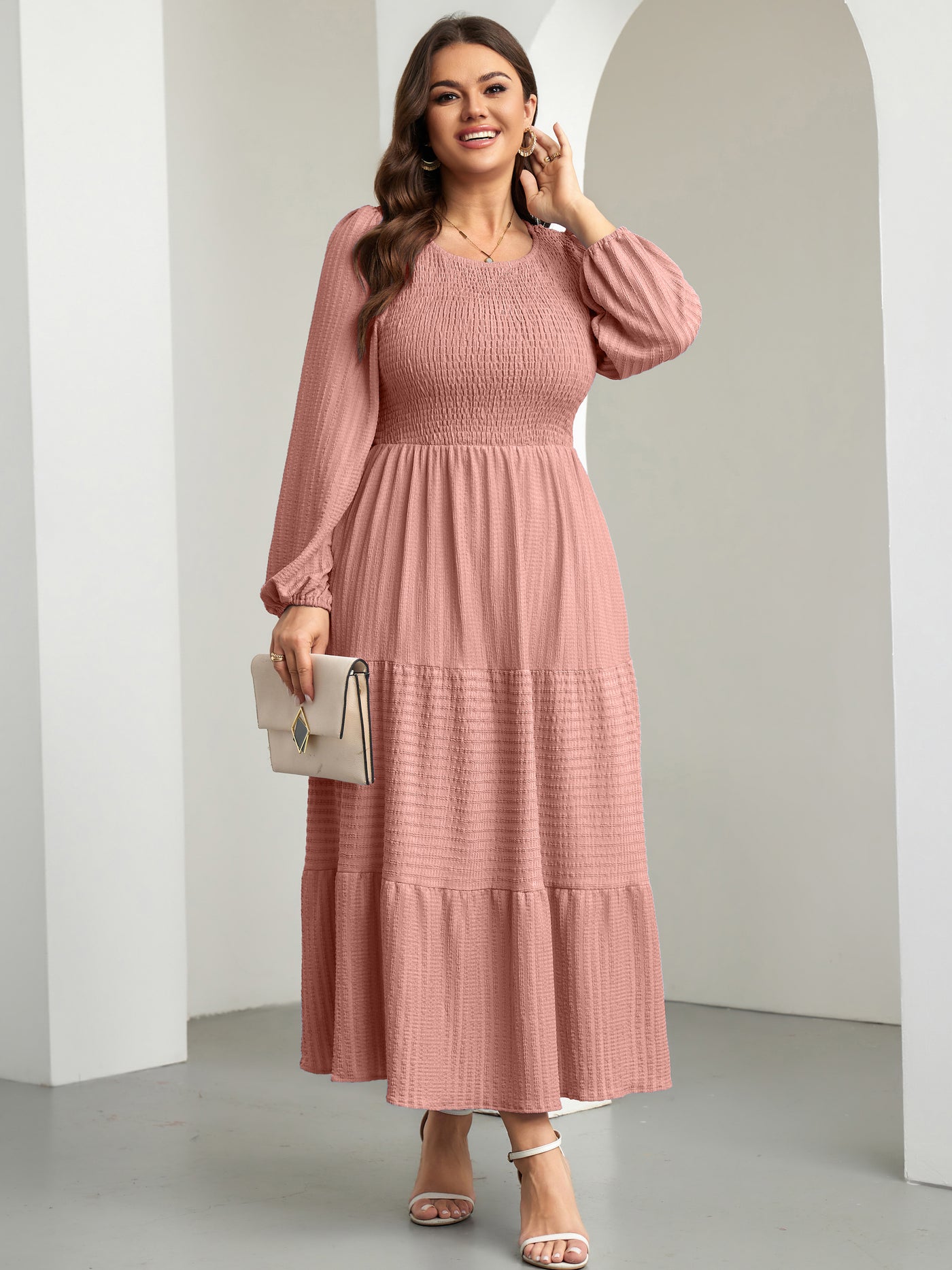 RWJ 6809 Champagne Pink plus size ruffle-sleeve tiered A-line dress