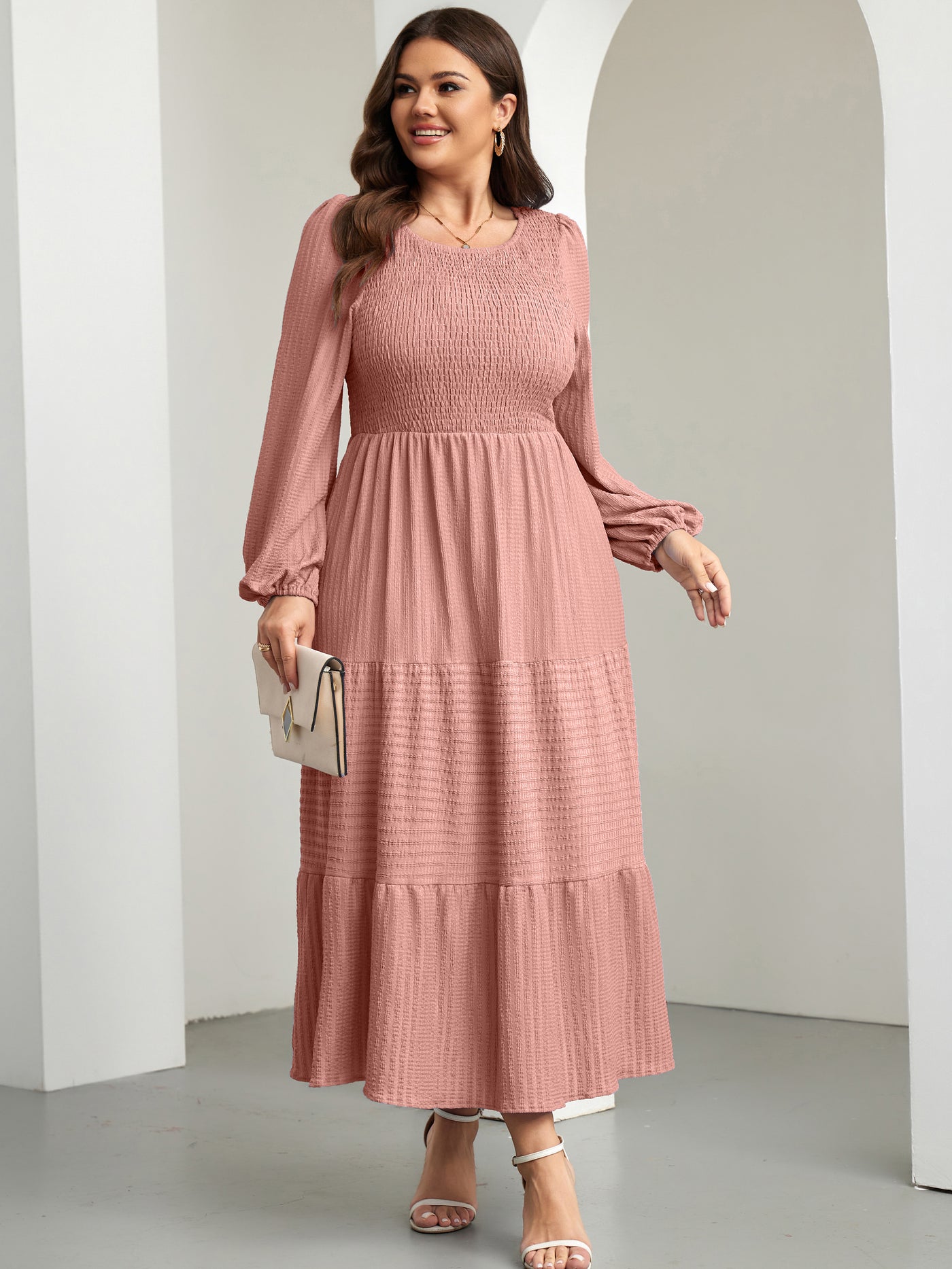 RWJ 6809 Champagne Pink plus size ruffle-sleeve tiered A-line dress