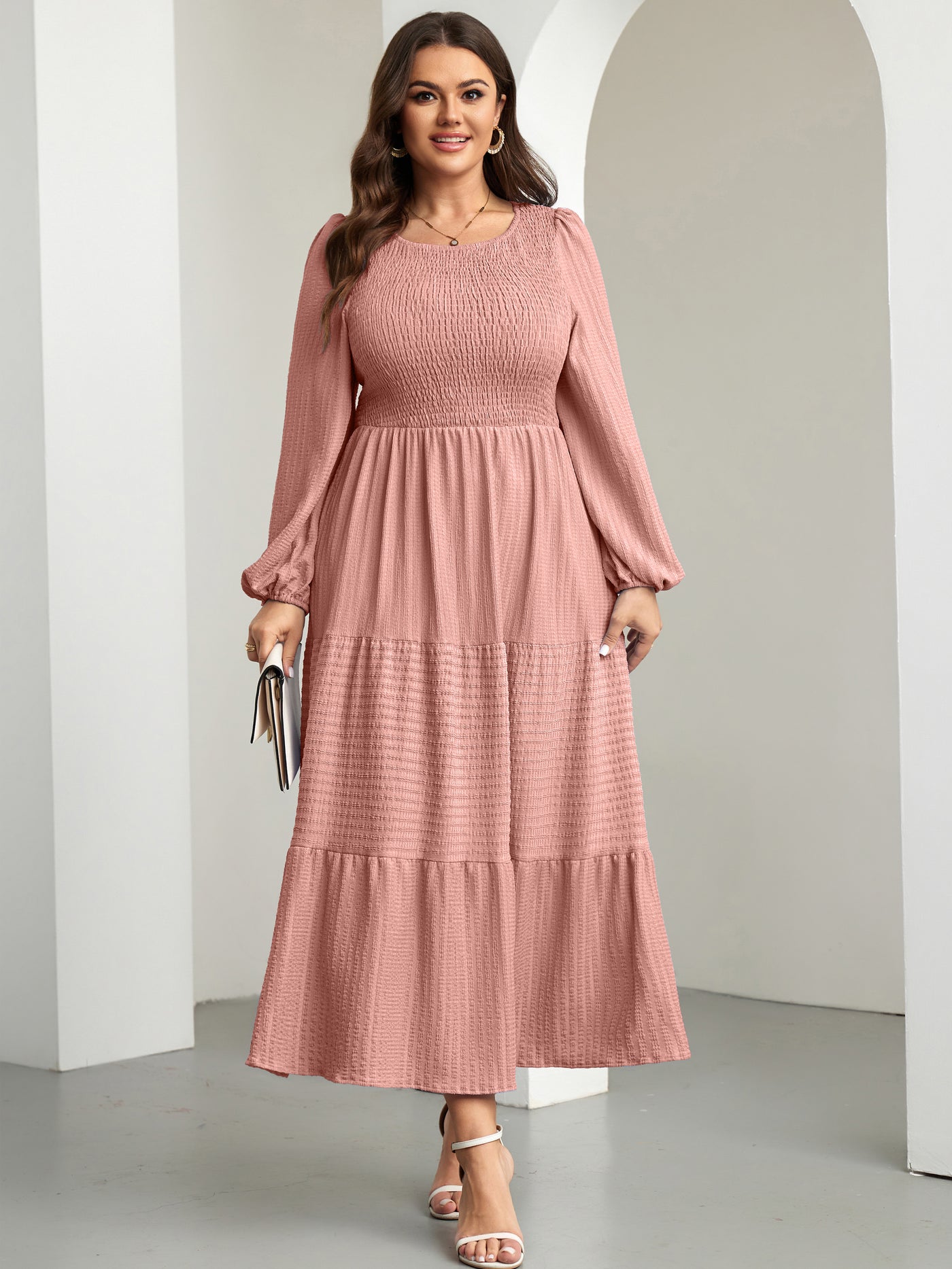 RWJ 6809 Champagne Pink plus size ruffle-sleeve tiered A-line dress