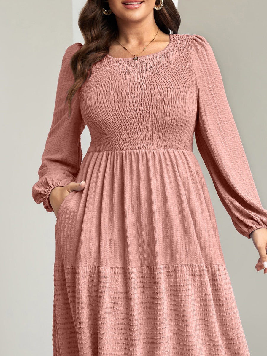 Plus Size Ruffle-Sleeve Tiered A-Line Dress — Champagne Pink close-up detail