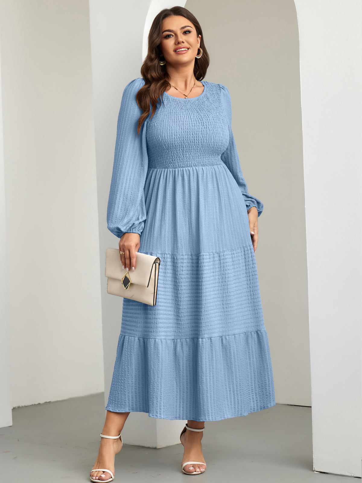 RWJ 6809 Gray Blue plus size ruffle-sleeve tiered A-line dress