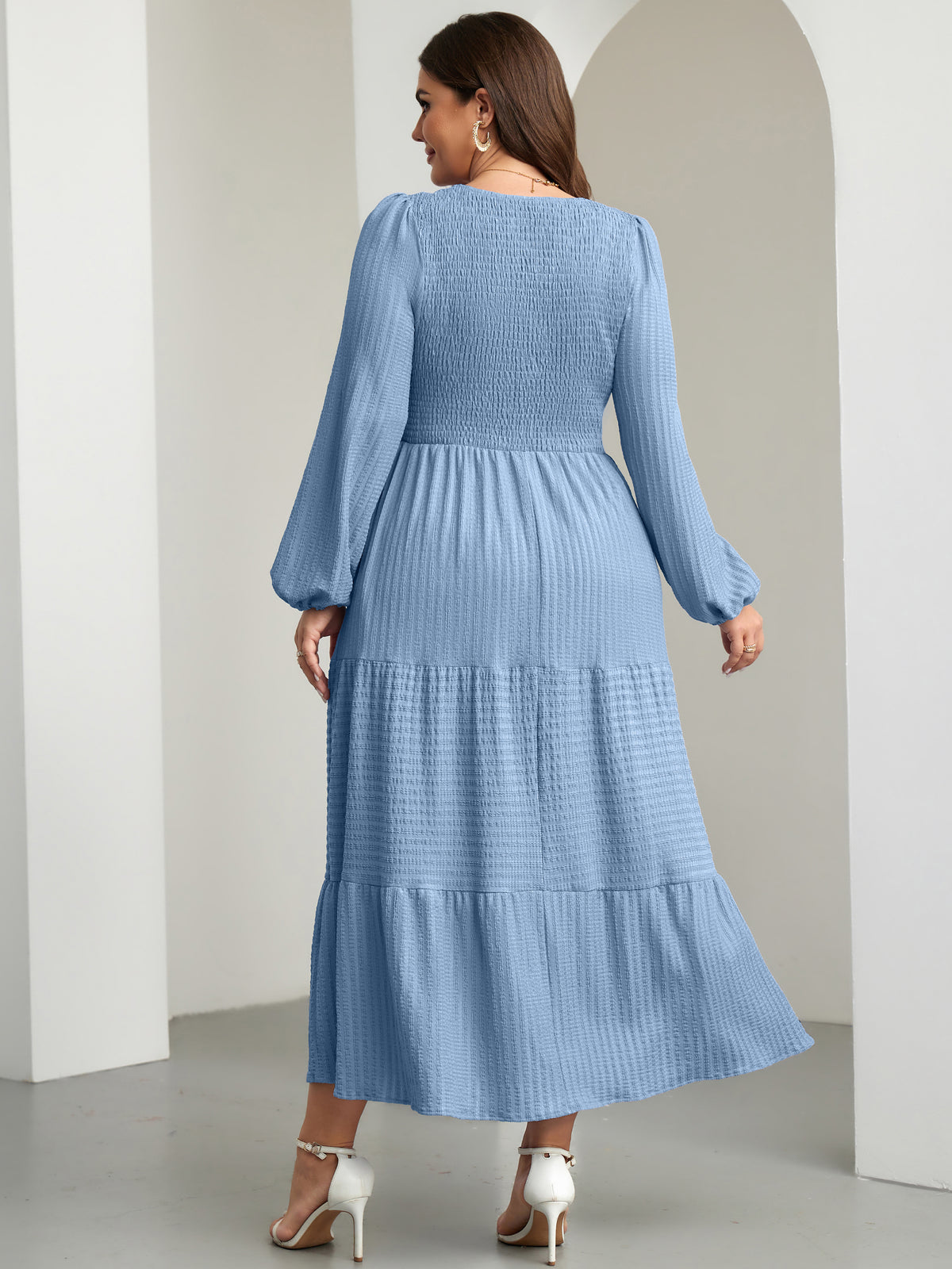 RWJ 6809 Gray Blue plus size ruffle-sleeve tiered A-line dress