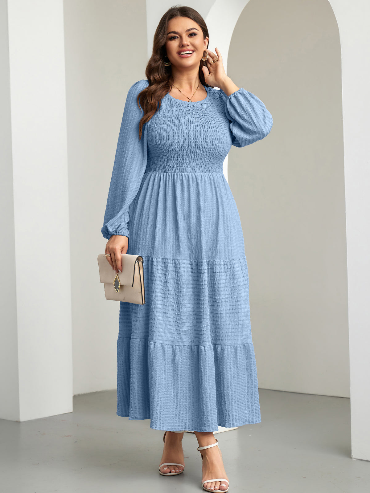 RWJ 6809 Gray Blue plus size ruffle-sleeve tiered A-line dress