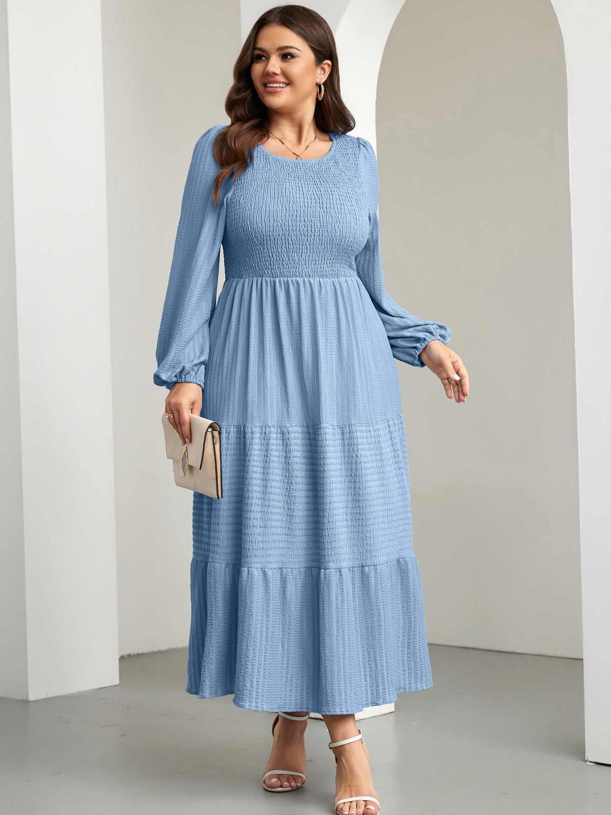 RWJ 6809 Gray Blue plus size ruffle-sleeve tiered A-line dress