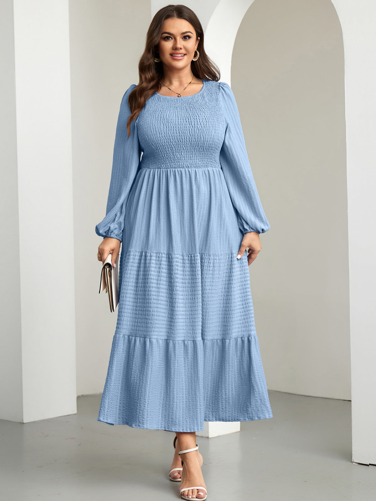 RWJ 6809 Gray Blue plus size ruffle-sleeve tiered A-line dress
