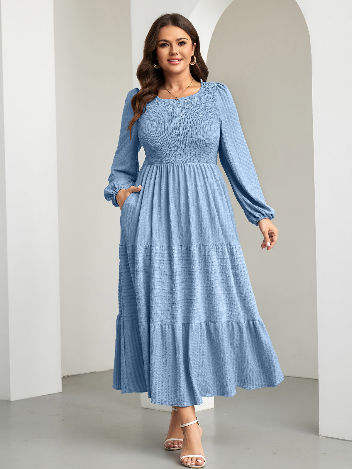 Plus Size Ruffle-Sleeve Tiered A-Line Dress — Gray Blue