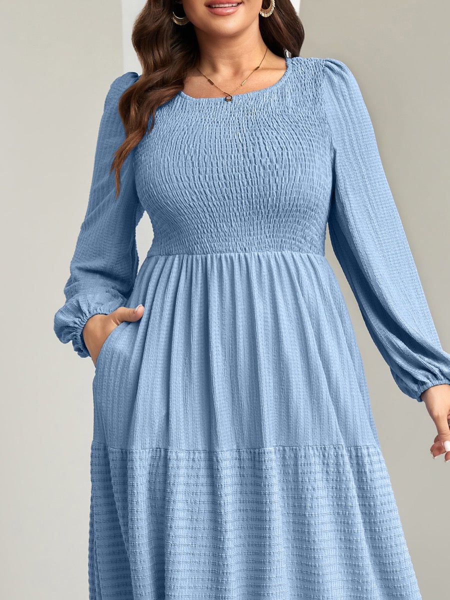 Plus Size Ruffle-Sleeve Tiered A-Line Dress — Gray Blue close-up detail