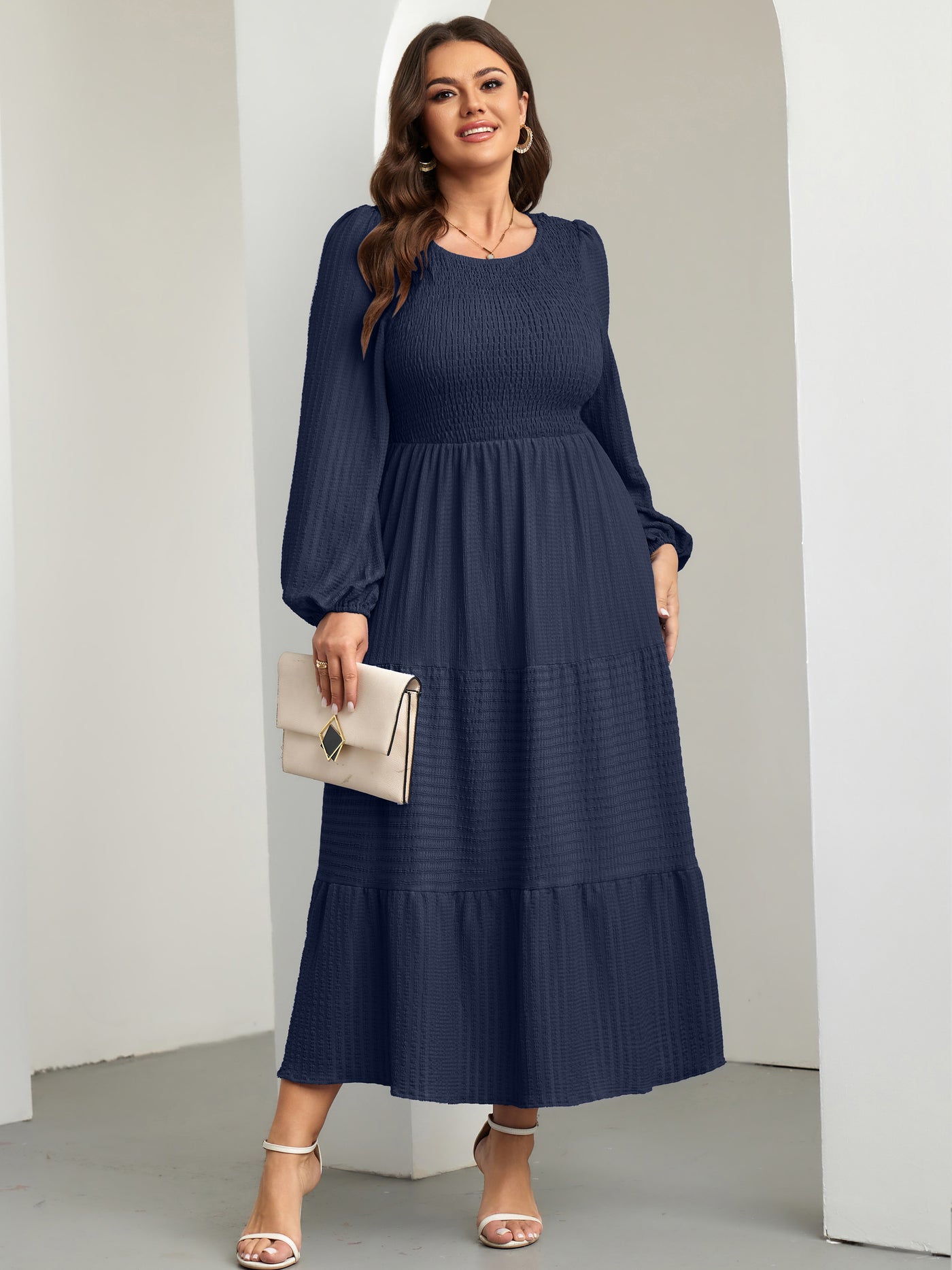RWJ 6809 Navy Blue plus size ruffle-sleeve tiered A-line dress