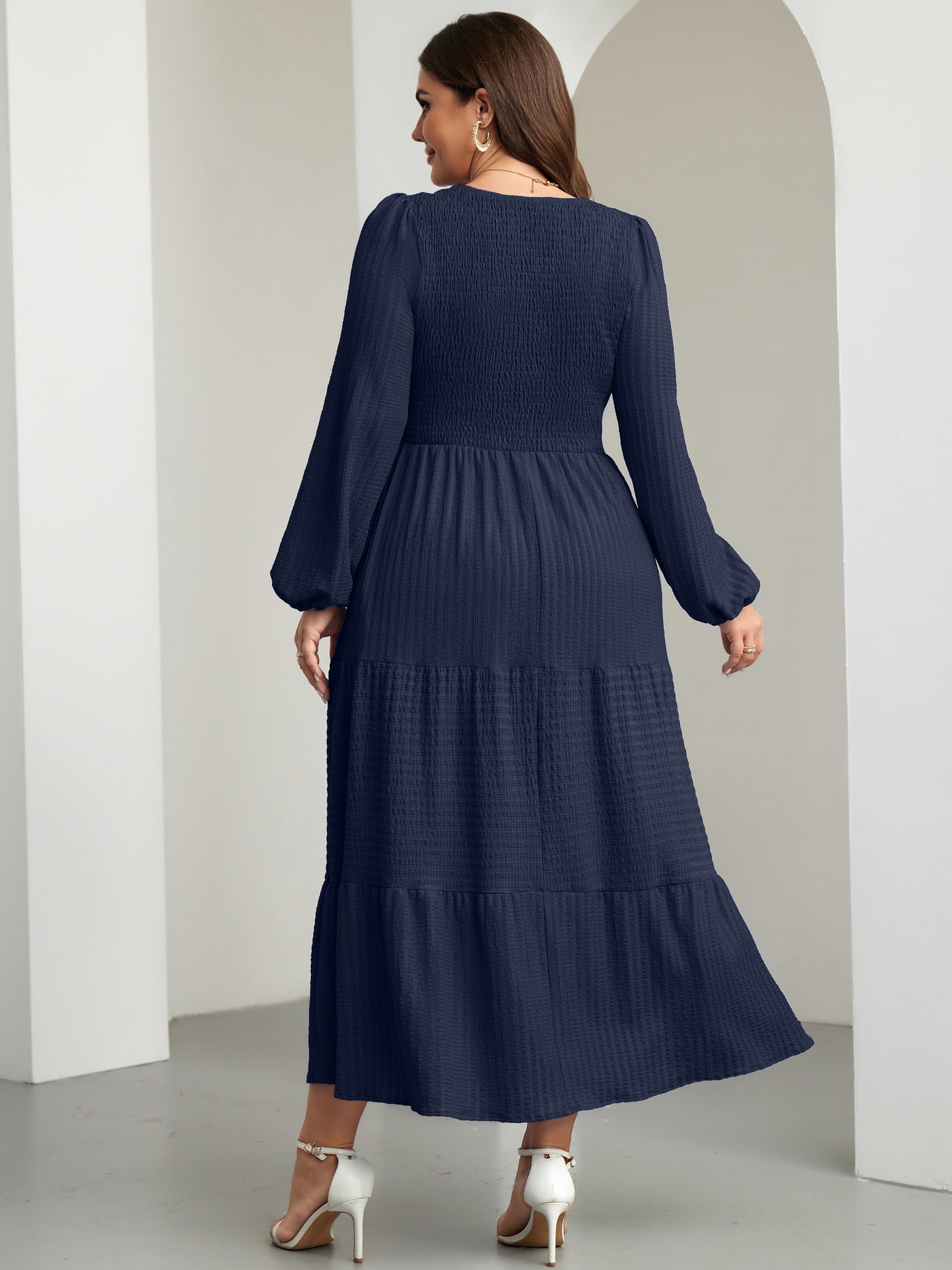 RWJ 6809 Navy Blue plus size ruffle-sleeve tiered A-line dress
