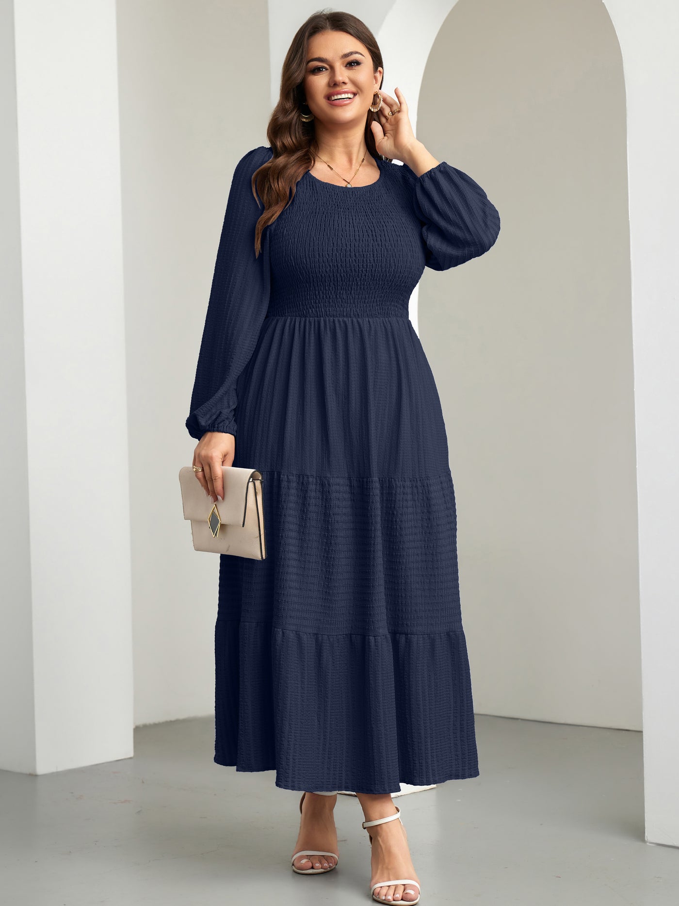 RWJ 6809 Navy Blue plus size ruffle-sleeve tiered A-line dress