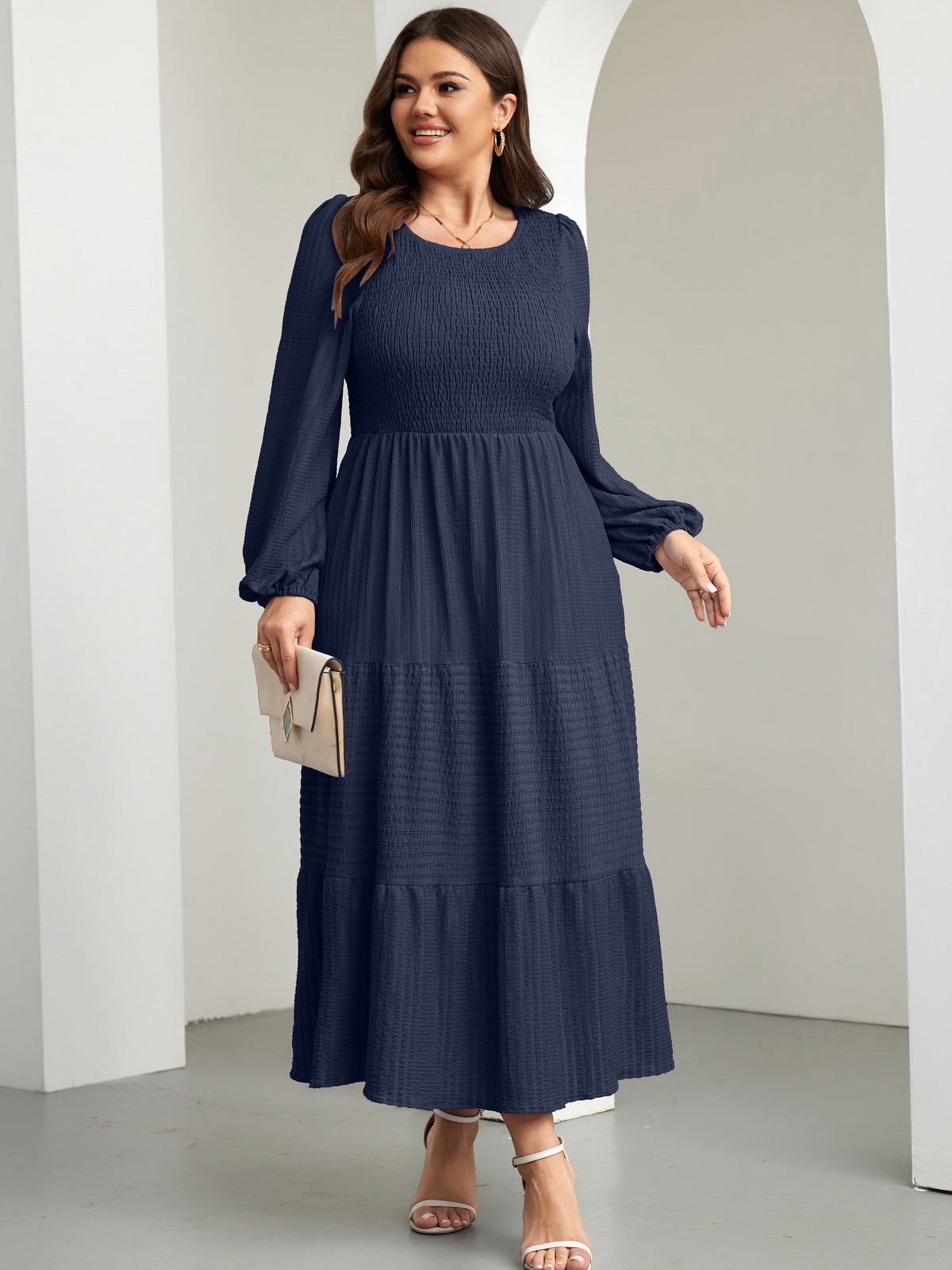 RWJ 6809 Navy Blue plus size ruffle-sleeve tiered A-line dress