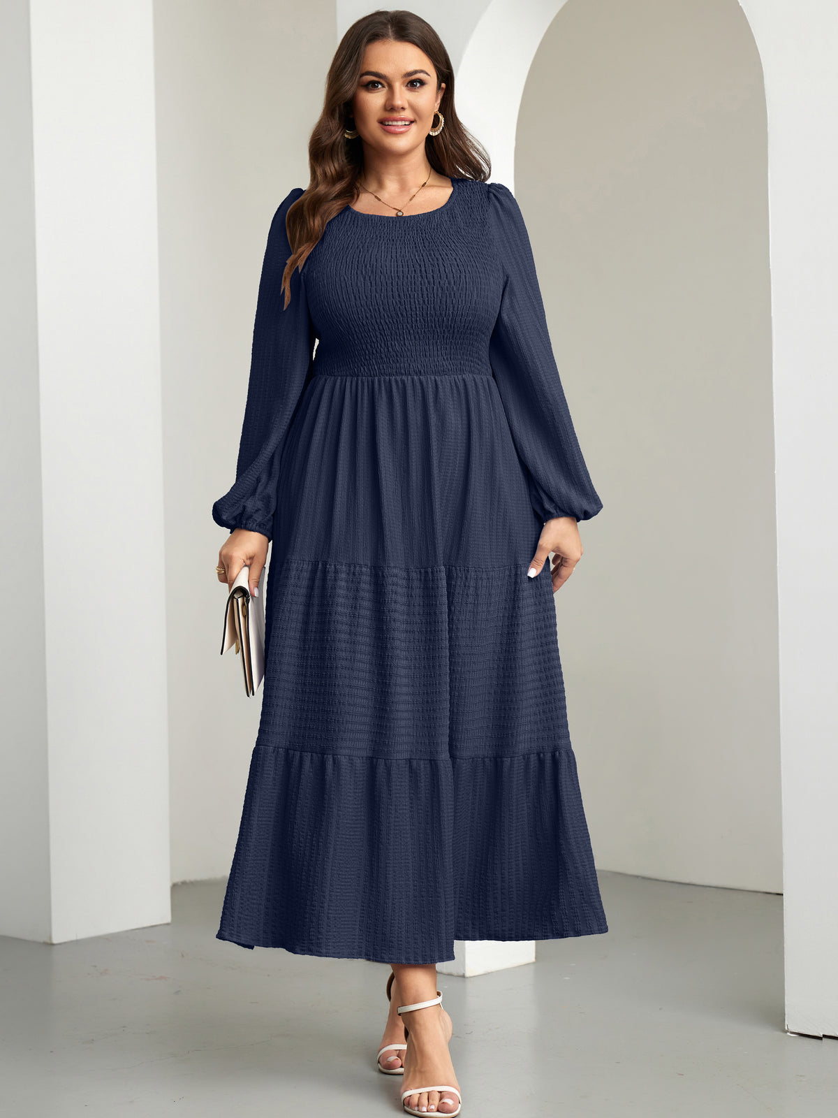 RWJ 6809 Navy Blue plus size ruffle-sleeve tiered A-line dress
