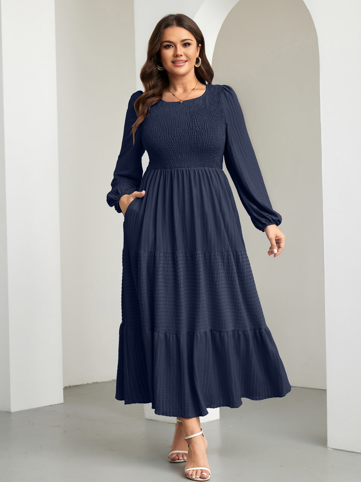 Plus Size Ruffle-Sleeve Tiered A-Line Dress — Navy Blue