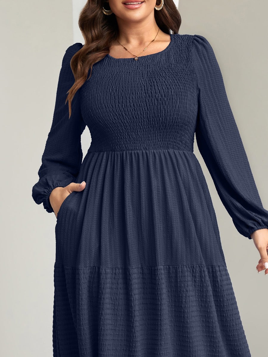 Plus Size Ruffle-Sleeve Tiered A-Line Dress — Navy Blue close-up detail