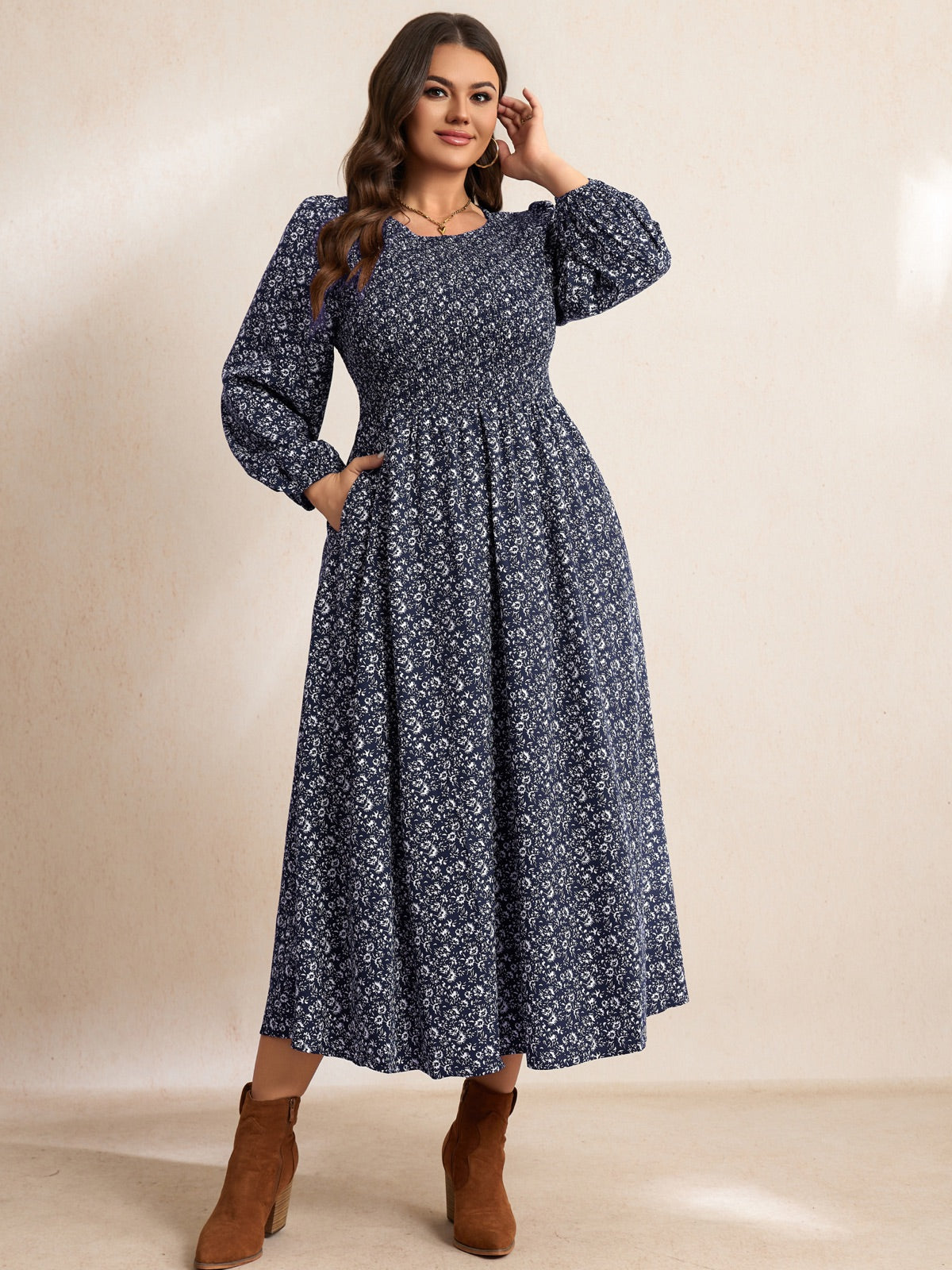 Plus Size Floral Long-Sleeve Maxi Dress — Floral Dark Navy gallery image 3