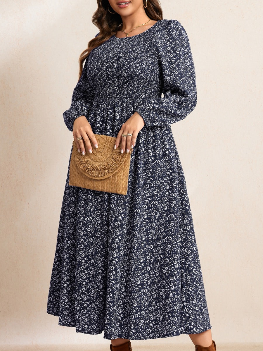 Plus Size Floral Long-Sleeve Maxi Dress — Floral Dark Navy close-up detail