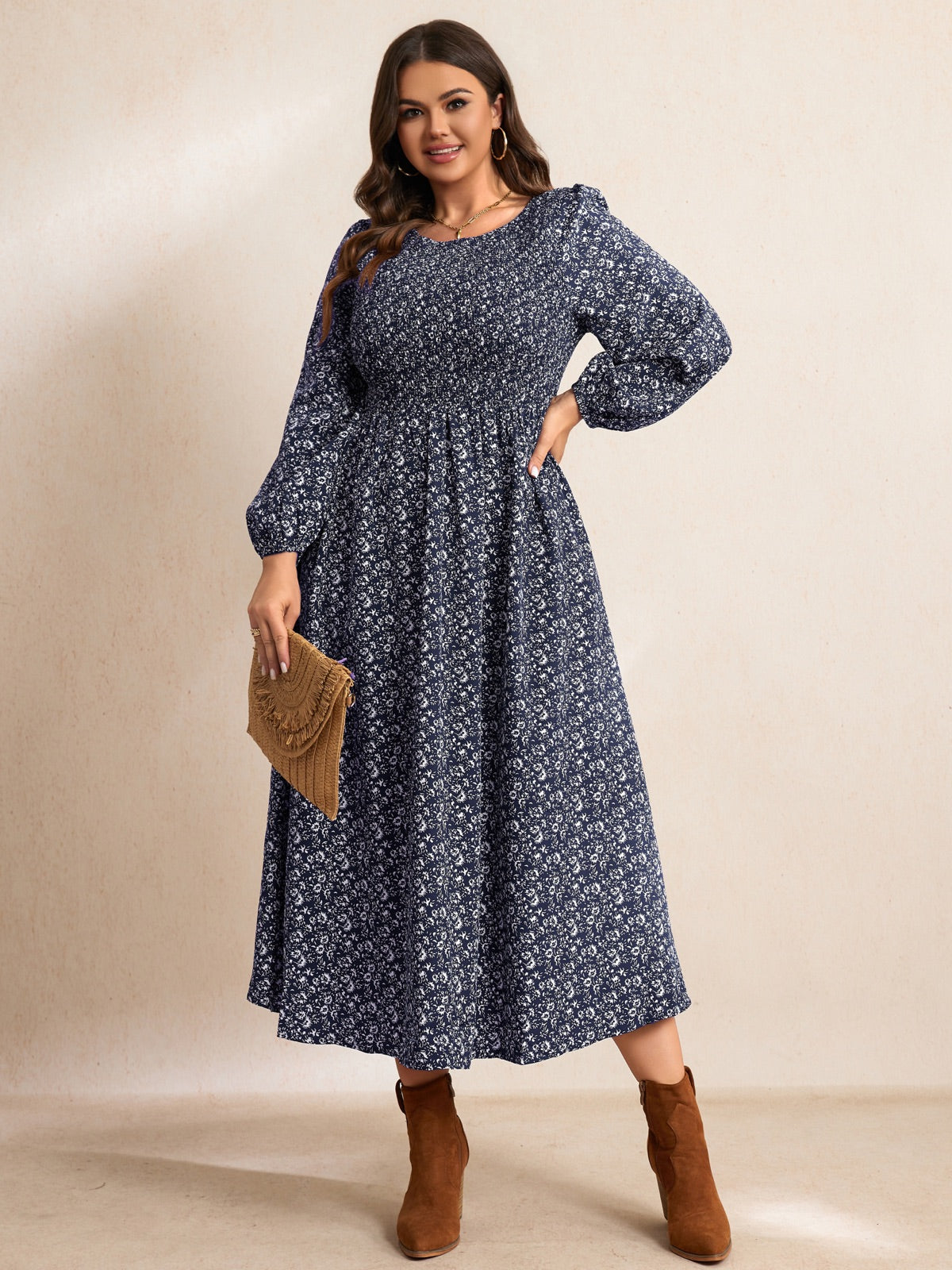 Plus Size Floral Long-Sleeve Maxi Dress — Floral Dark Navy gallery image 1
