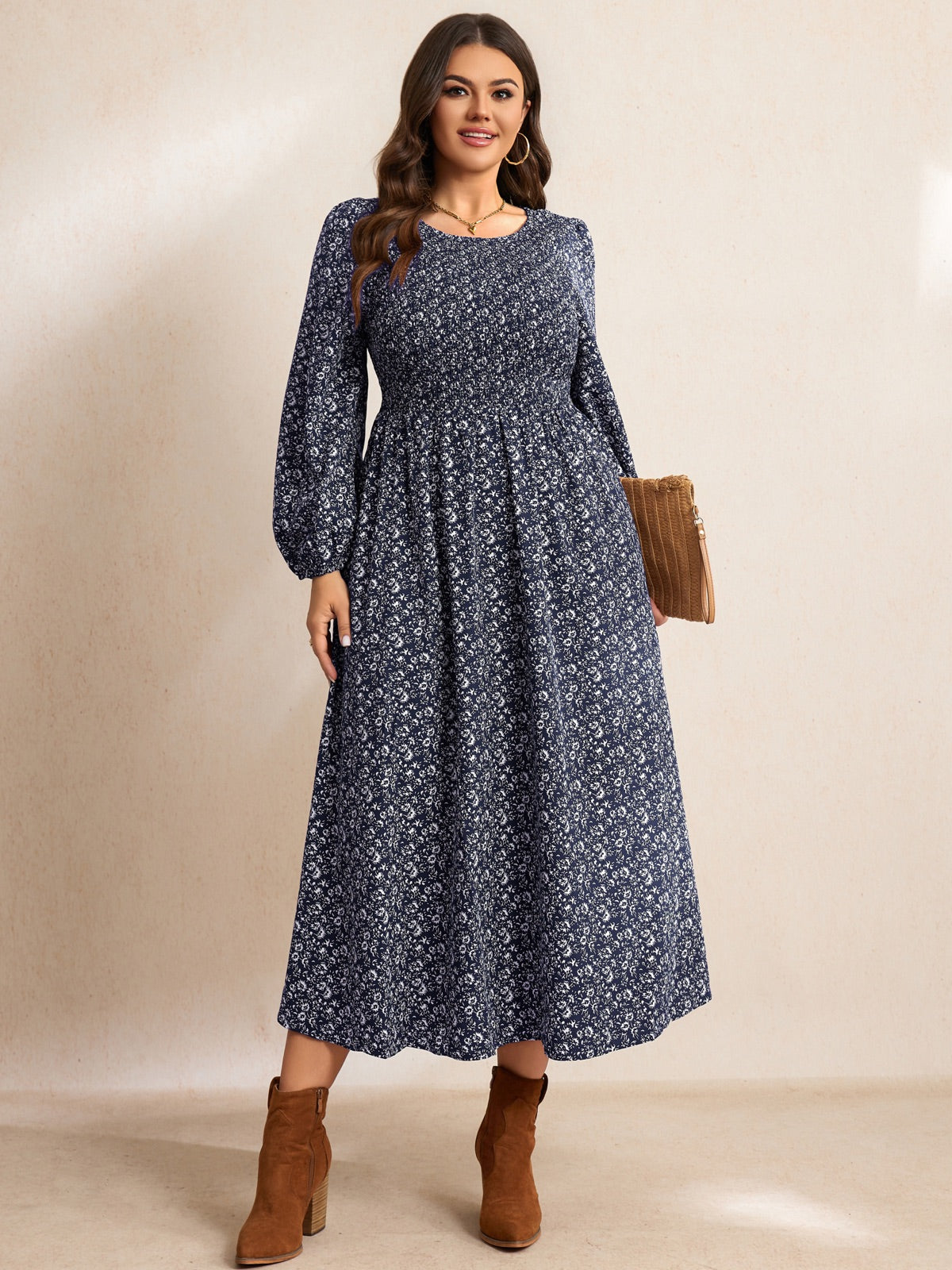 Plus Size Floral Long-Sleeve Maxi Dress — Floral Dark Navy gallery image 2