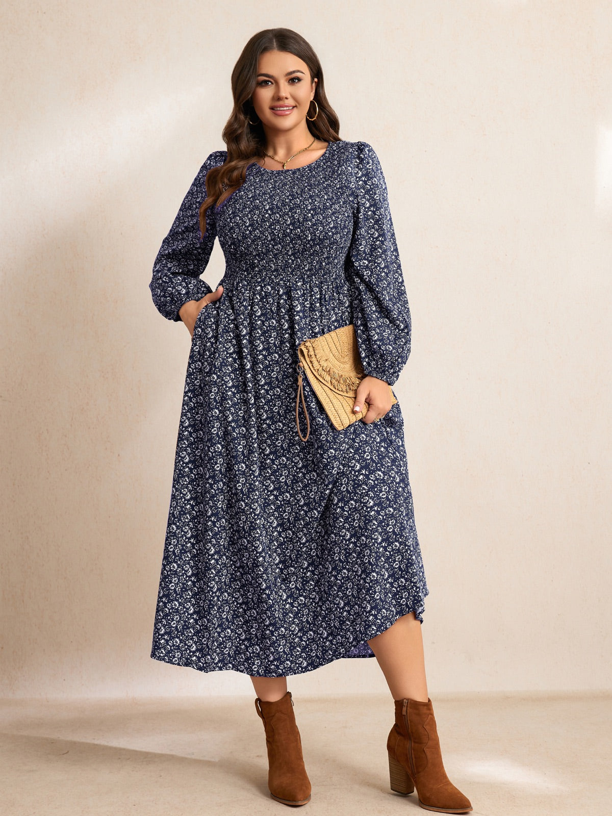Plus Size Floral Long-Sleeve Maxi Dress — Floral Dark Navy gallery image 4