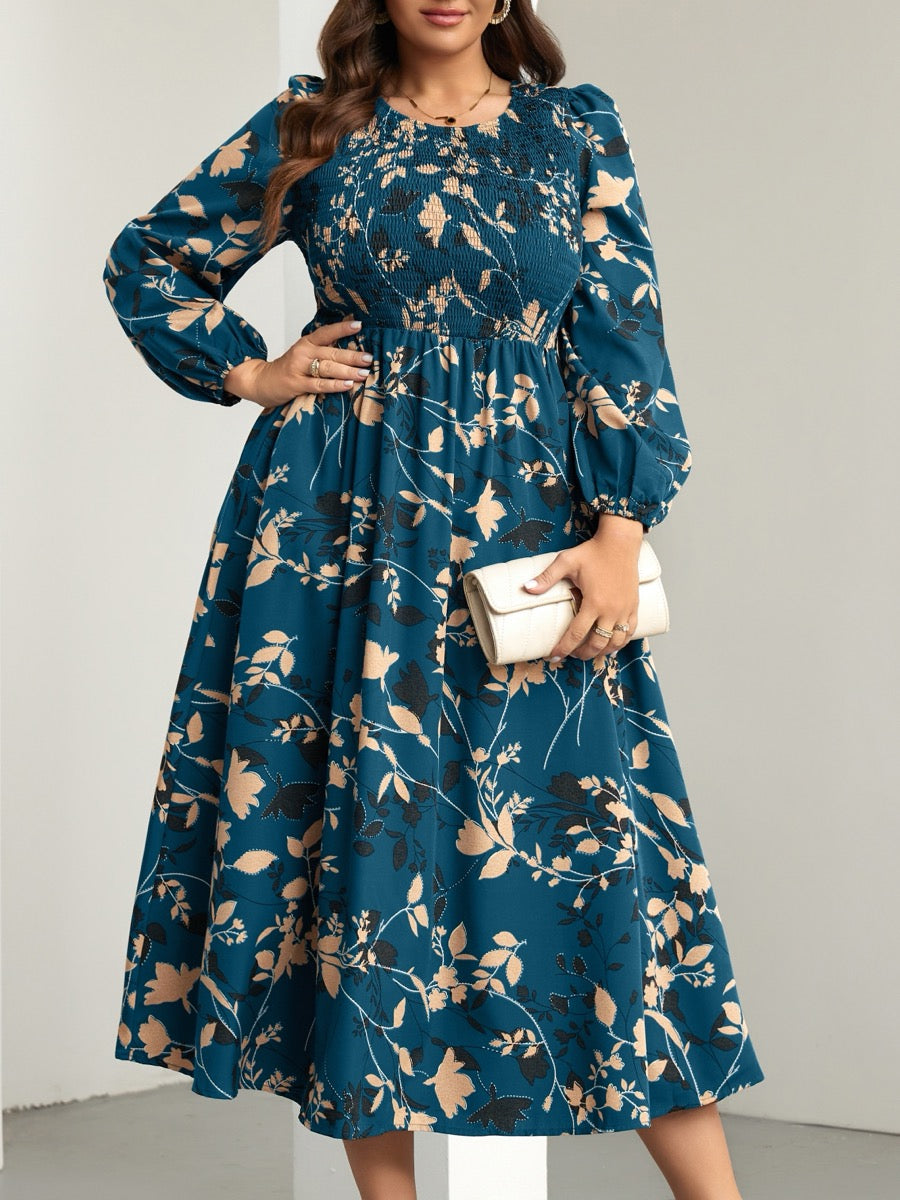 Plus Size Floral Long-Sleeve Maxi Dress — Floral Lake Blue close-up detail