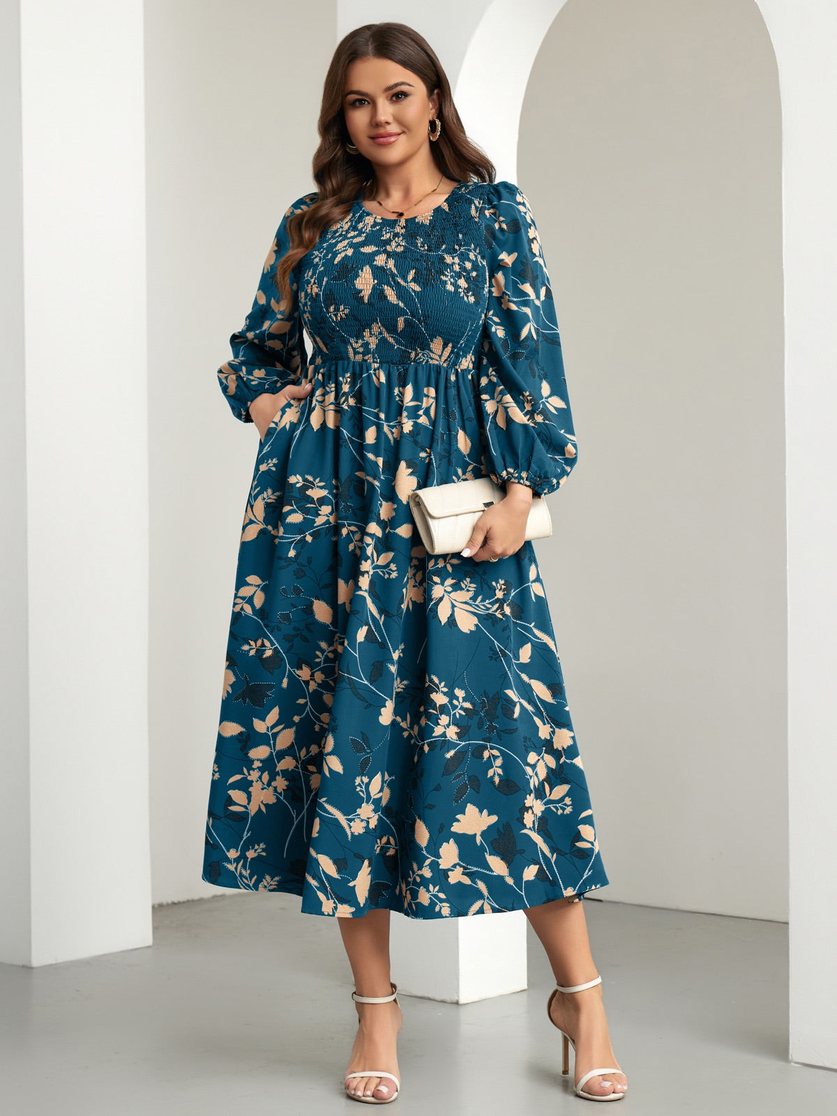 Plus Size Floral Long-Sleeve Maxi Dress — Floral Lake Blue gallery image 1