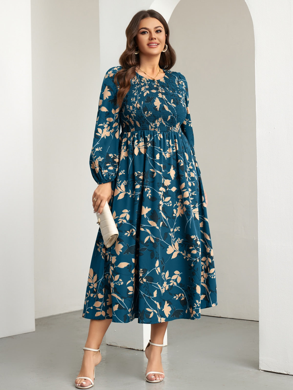 Plus Size Floral Long-Sleeve Maxi Dress — Floral Lake Blue gallery image 2