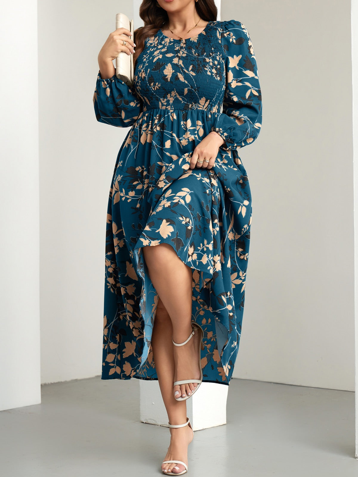 Plus Size Floral Long-Sleeve Maxi Dress — Floral Lake Blue gallery image 4