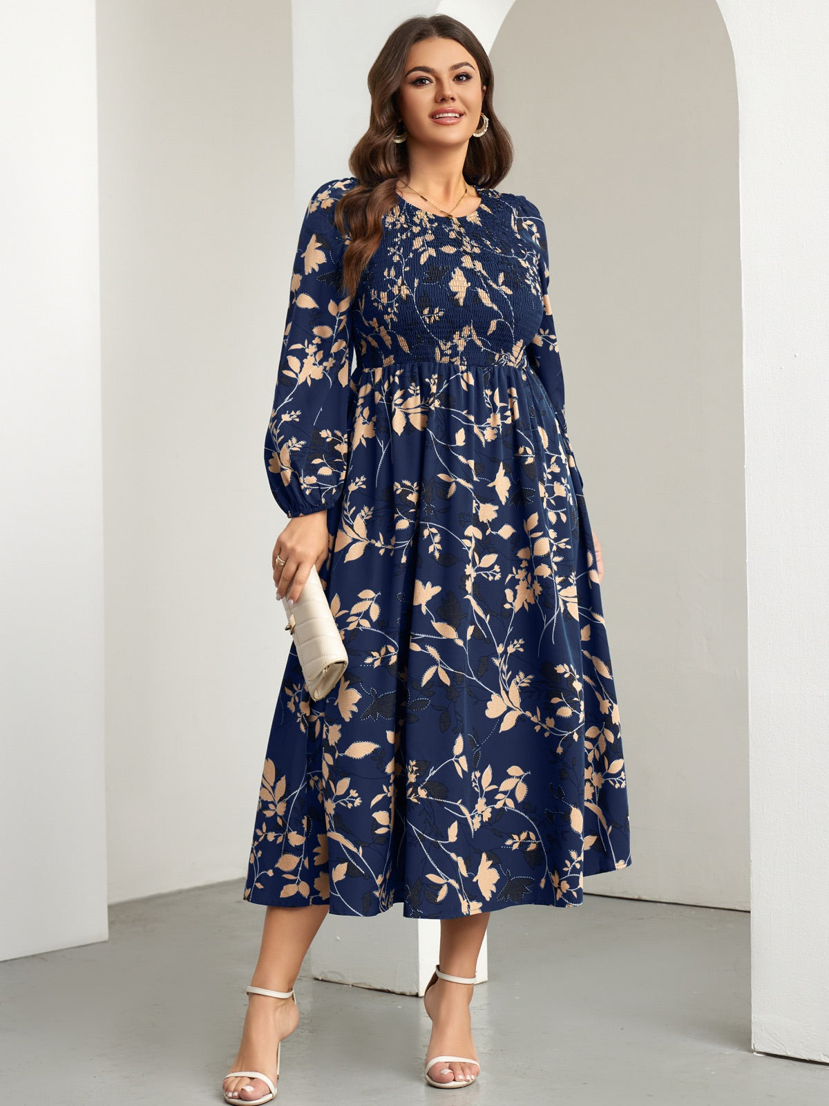 Plus Size Floral Long-Sleeve Maxi Dress — Floral Navy Blue gallery image 3
