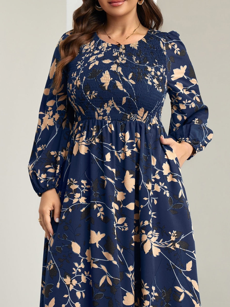 Plus Size Floral Long-Sleeve Maxi Dress — Floral Navy Blue close-up detail