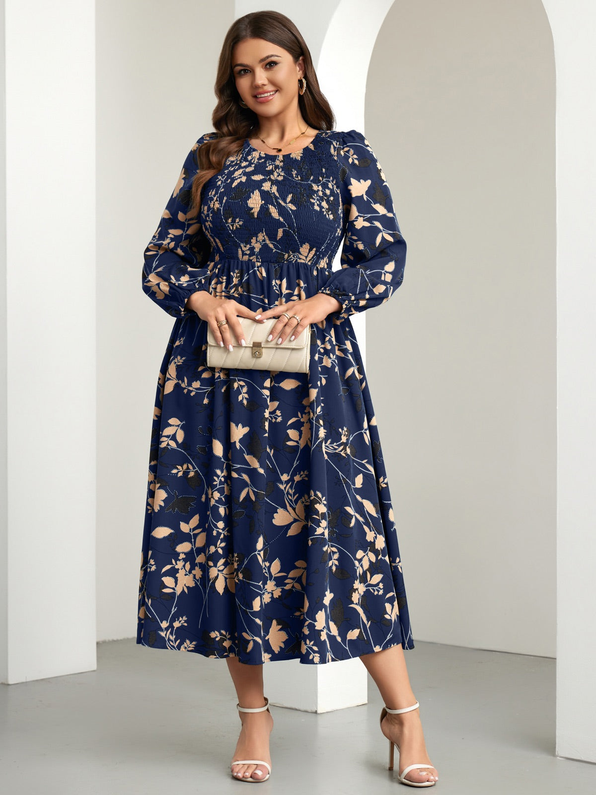 Plus Size Floral Long-Sleeve Maxi Dress — Floral Navy Blue gallery image 3