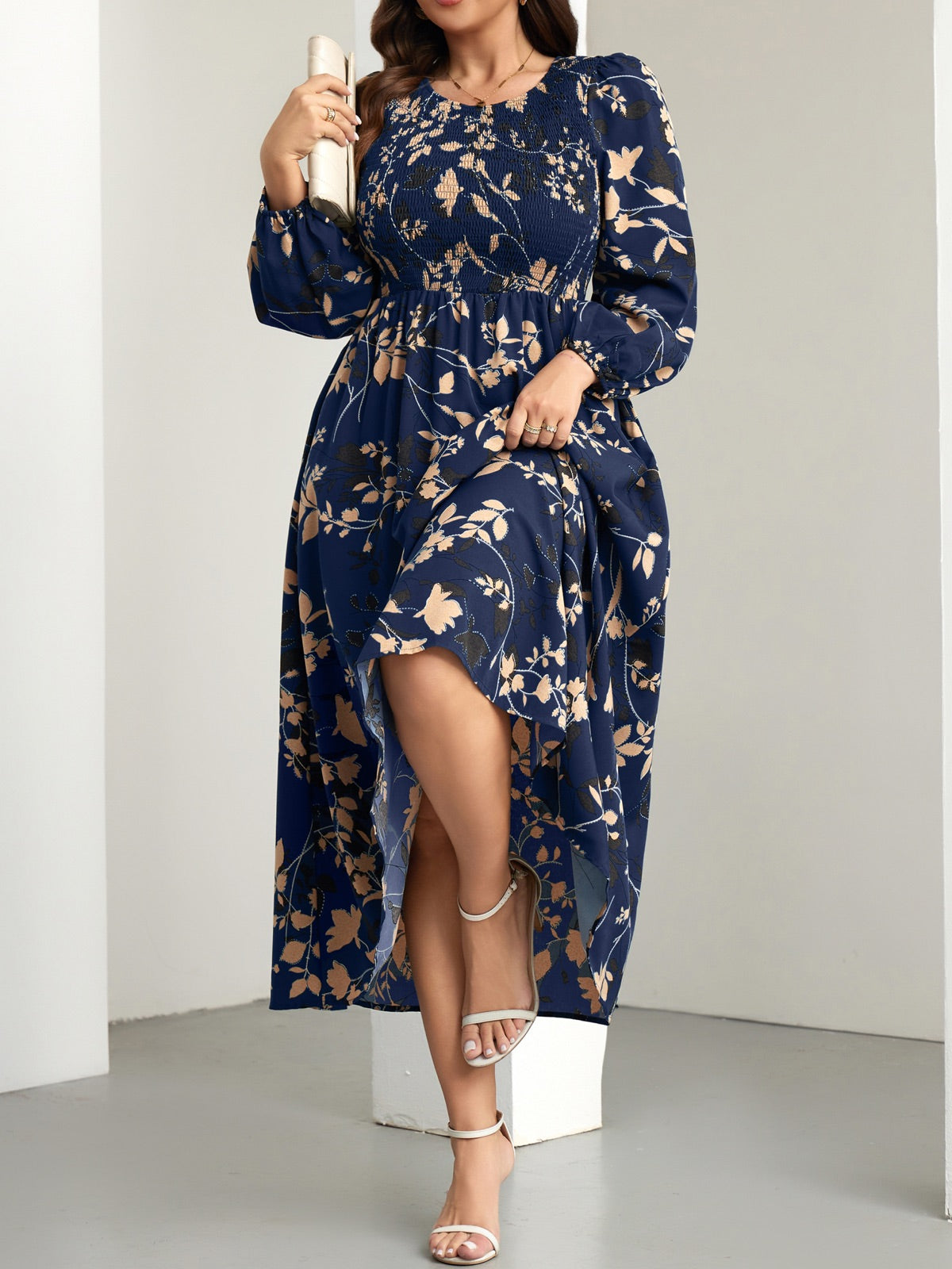 Plus Size Floral Long-Sleeve Maxi Dress — Floral Navy Blue gallery image 4