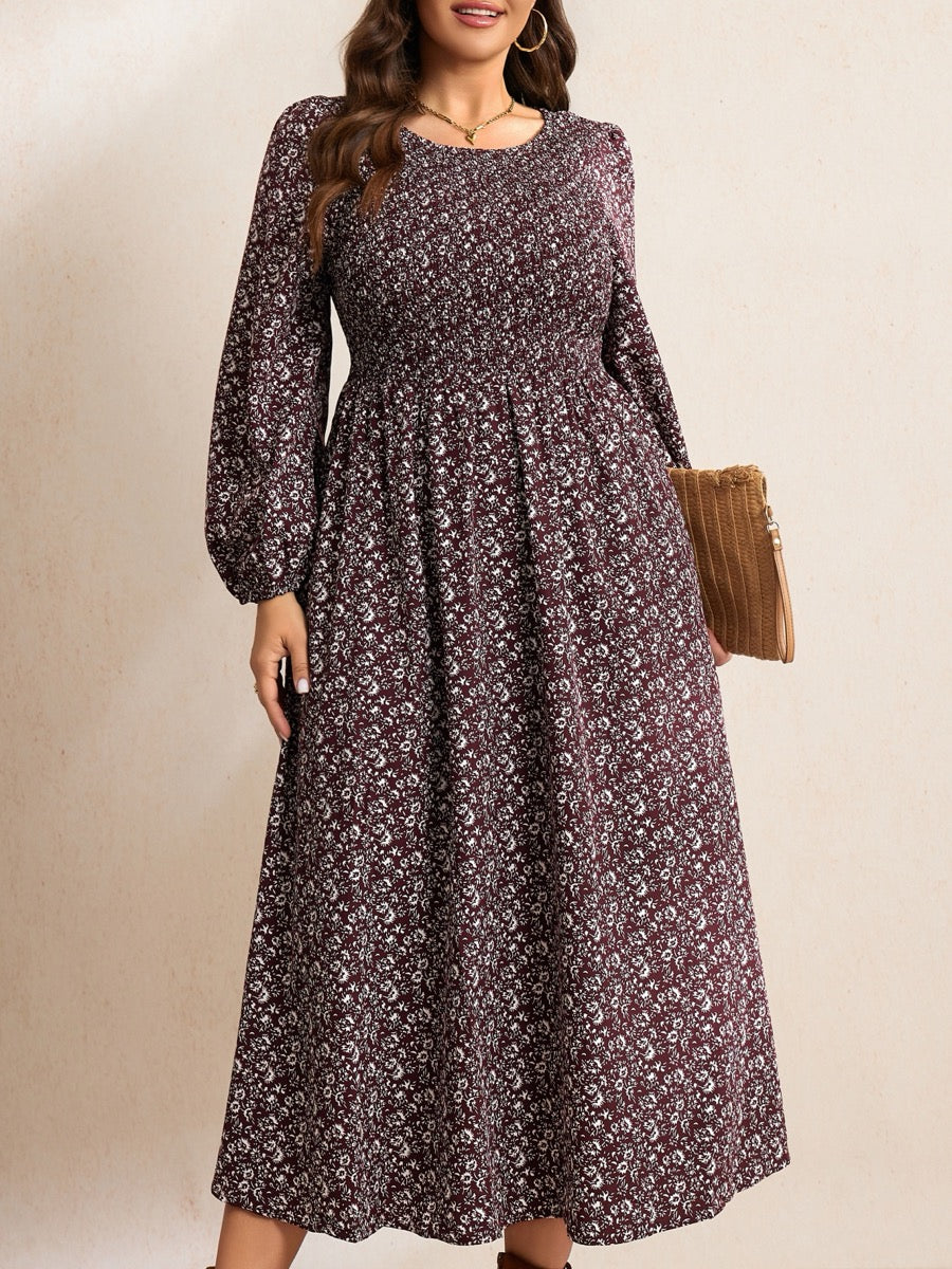Plus Size Floral Long-Sleeve Maxi Dress — Floral Wine Red close-up detail
