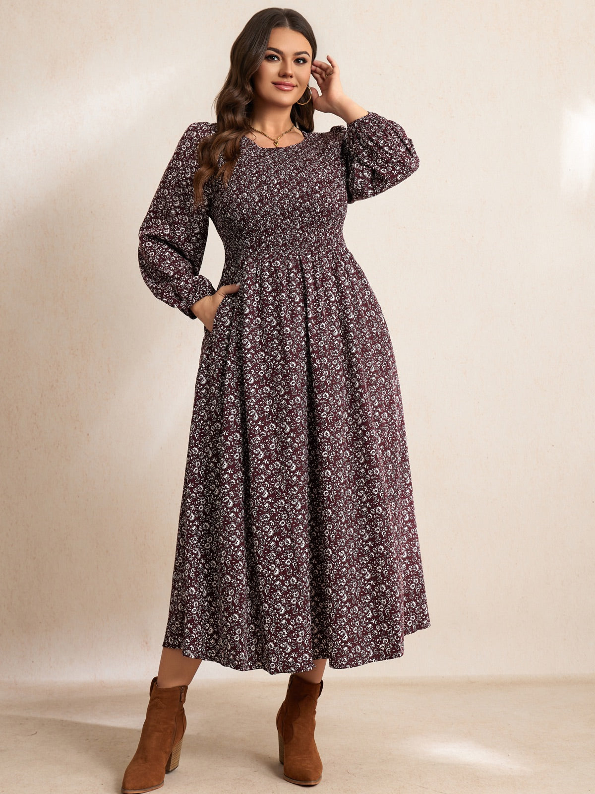 Plus Size Floral Long-Sleeve Maxi Dress — Floral Wine Red gallery image 1