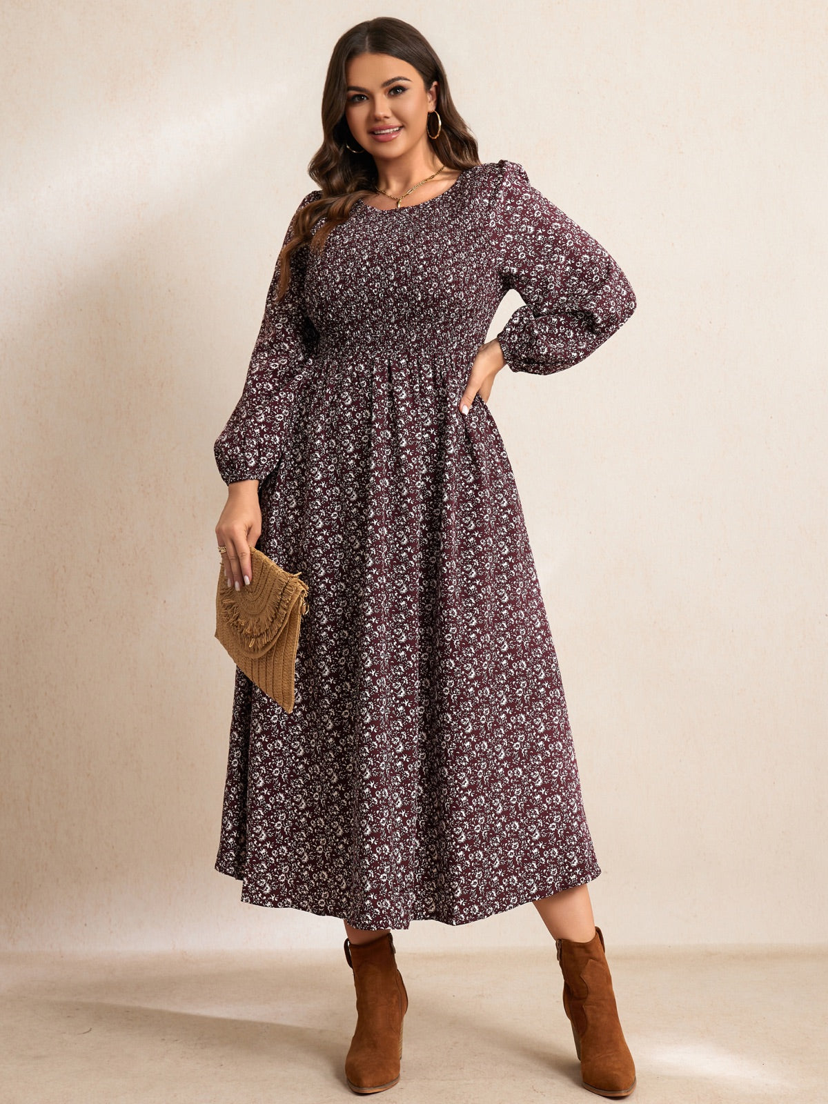Plus Size Floral Long-Sleeve Maxi Dress — Floral Wine Red gallery image 2