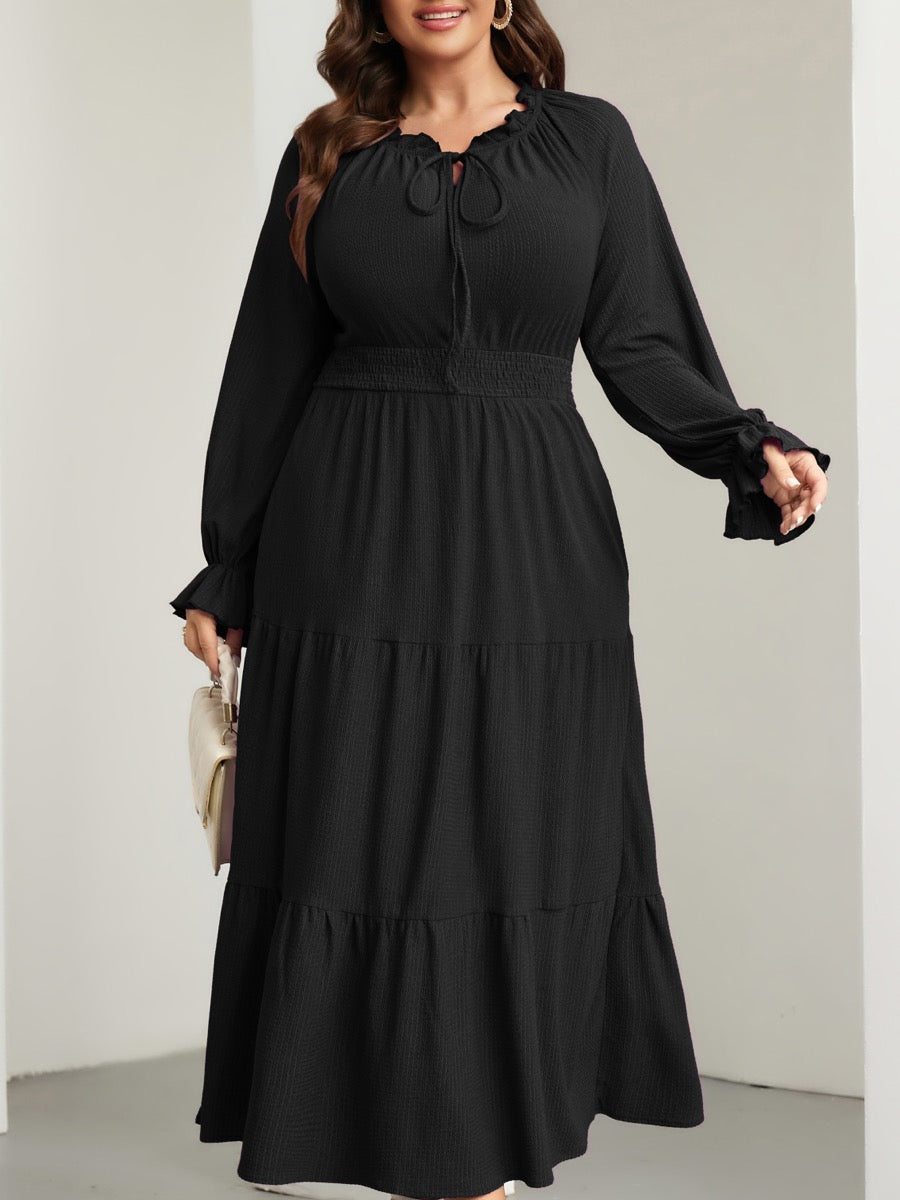 Plus Size Tie V-Neck Puff-Sleeve Maxi Dress — Black close-up detail