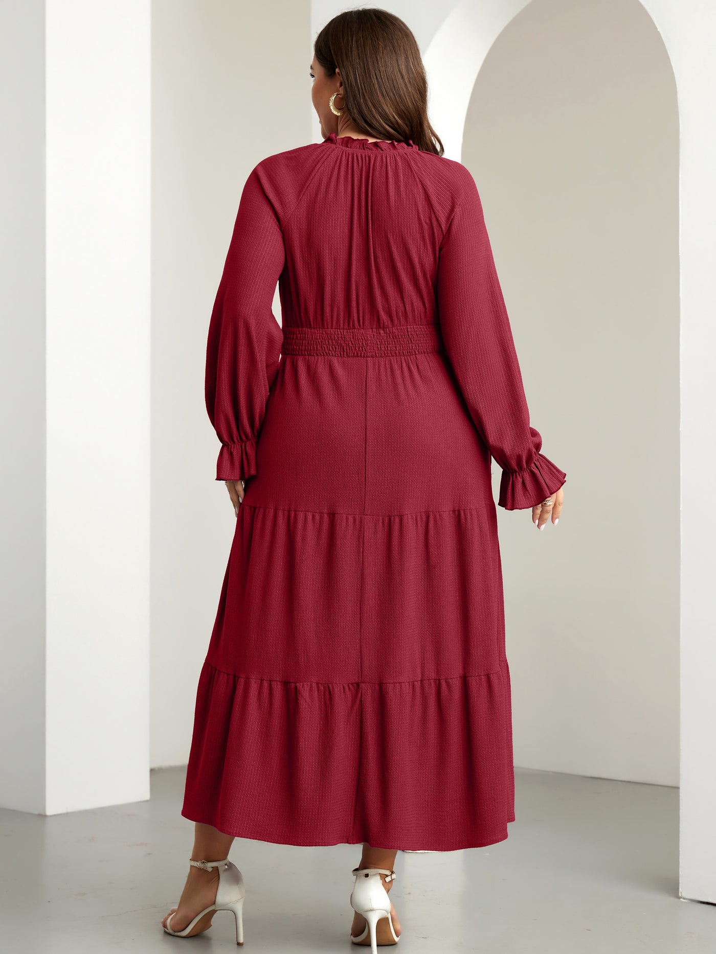 RWJ 6813 Burgundy plus size tie V-neck puff-sleeve maxi dress