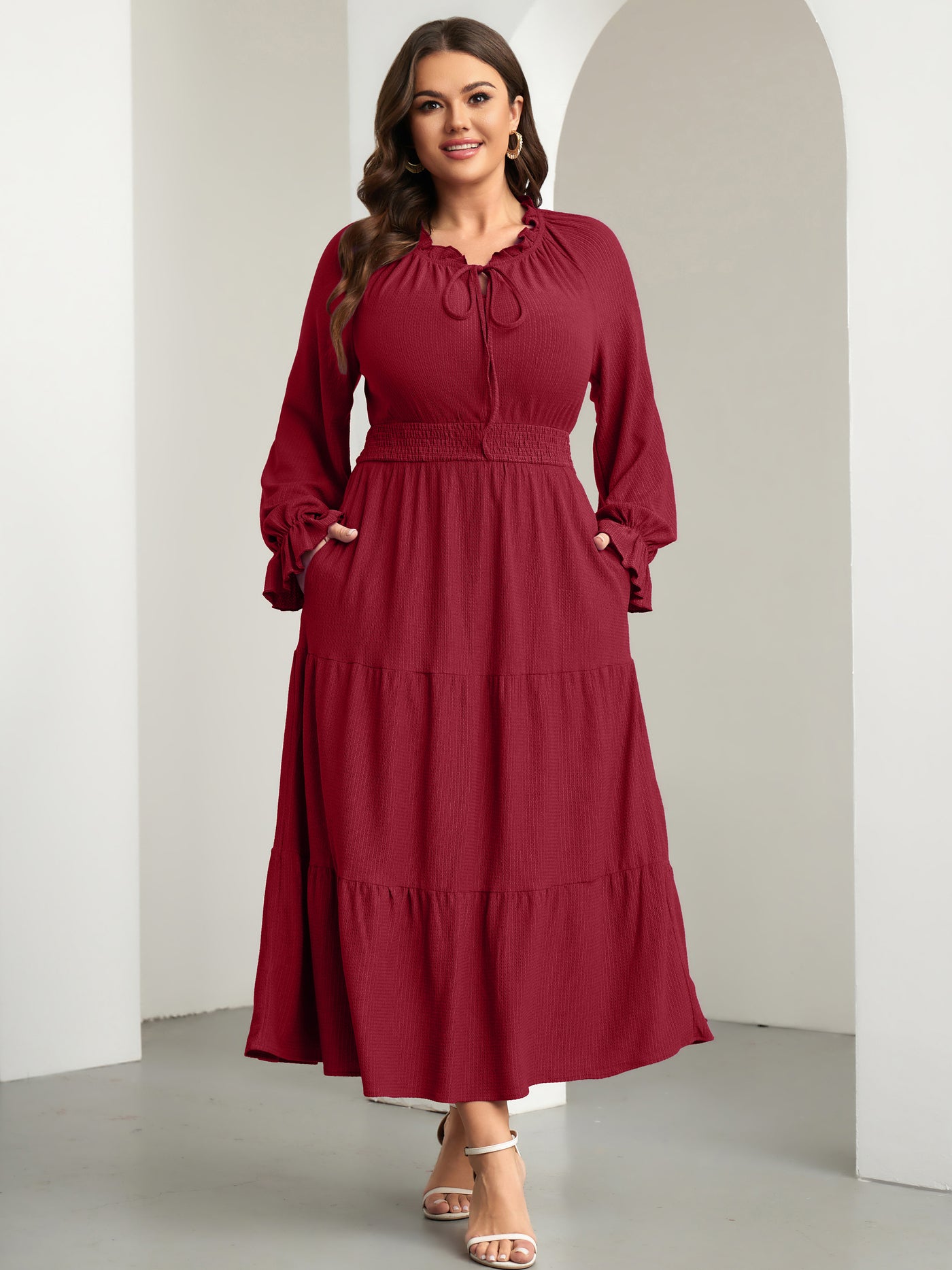 RWJ 6813 Burgundy plus size tie V-neck puff-sleeve maxi dress